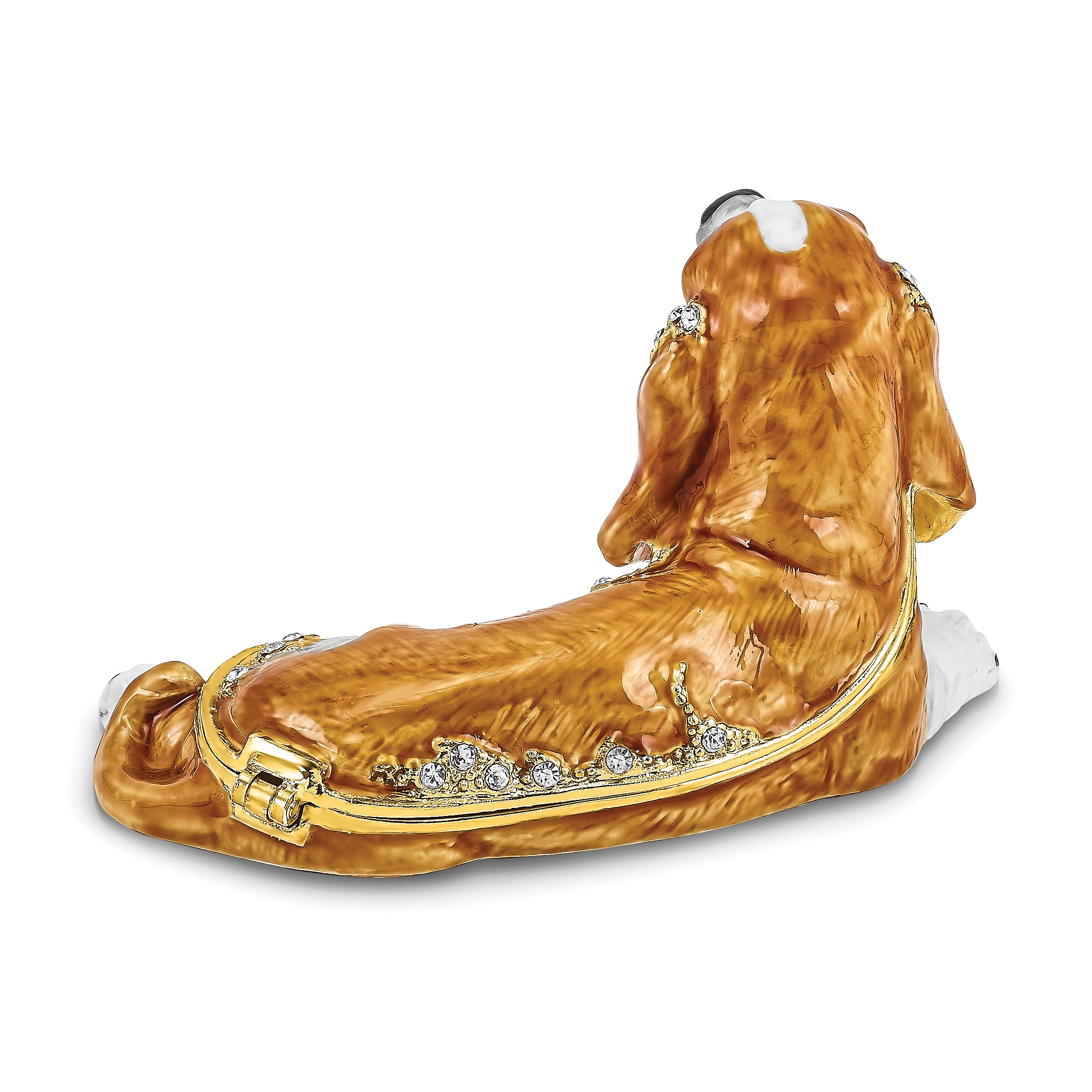 Luxury Giftware by Jere Pewter Bejeweled Crystals Gold-tone Enameled OTIS Bassett Hound Trinket Box with Matching 18 Inch Necklace