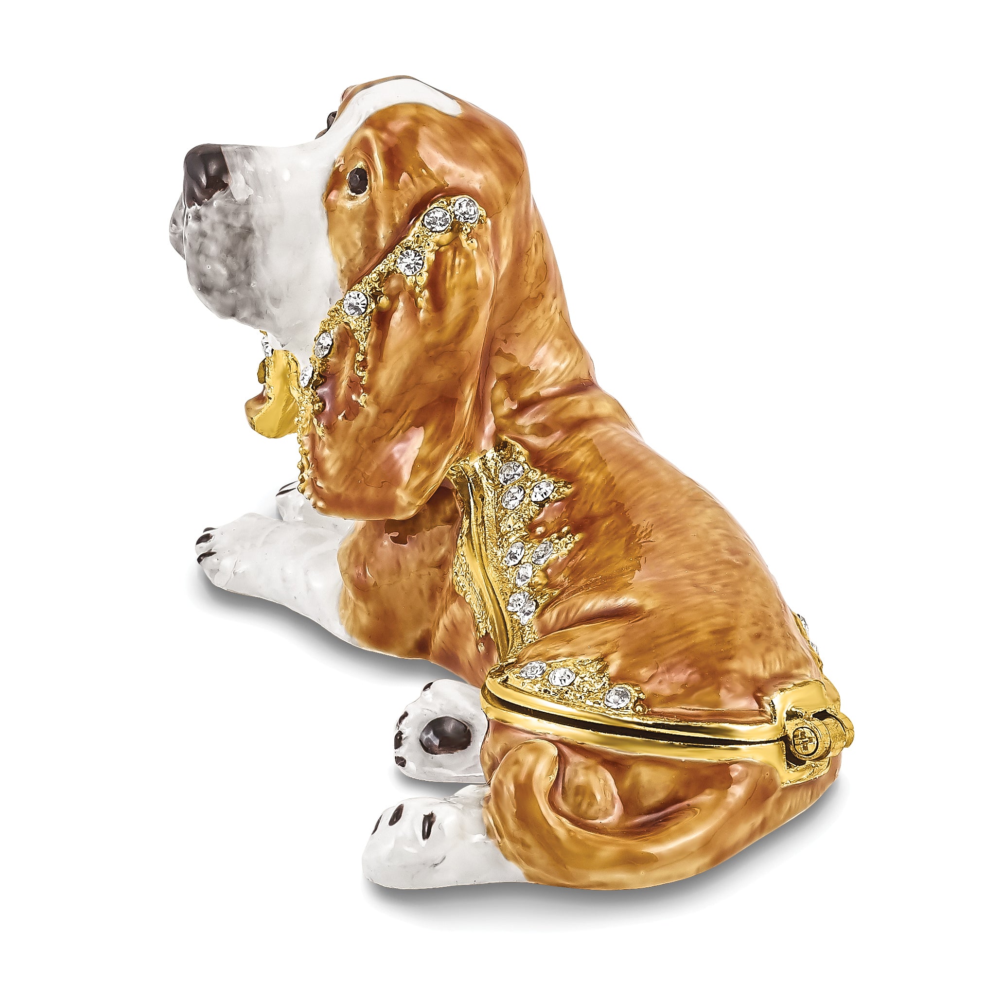Luxury Giftware by Jere Pewter Bejeweled Crystals Gold-tone Enameled OTIS Bassett Hound Trinket Box with Matching 18 Inch Necklace