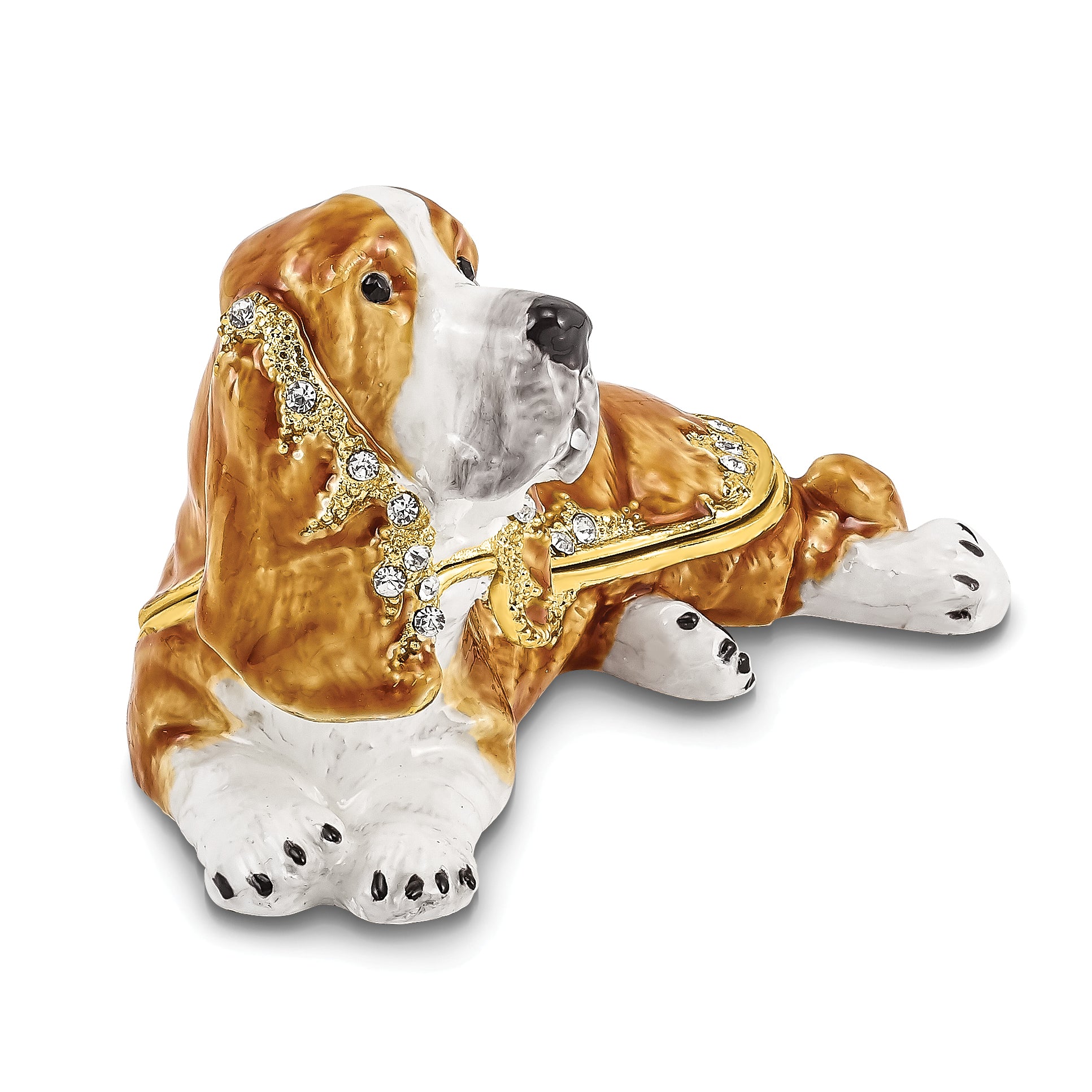 Luxury Giftware by Jere Pewter Bejeweled Crystals Gold-tone Enameled OTIS Bassett Hound Trinket Box with Matching 18 Inch Necklace