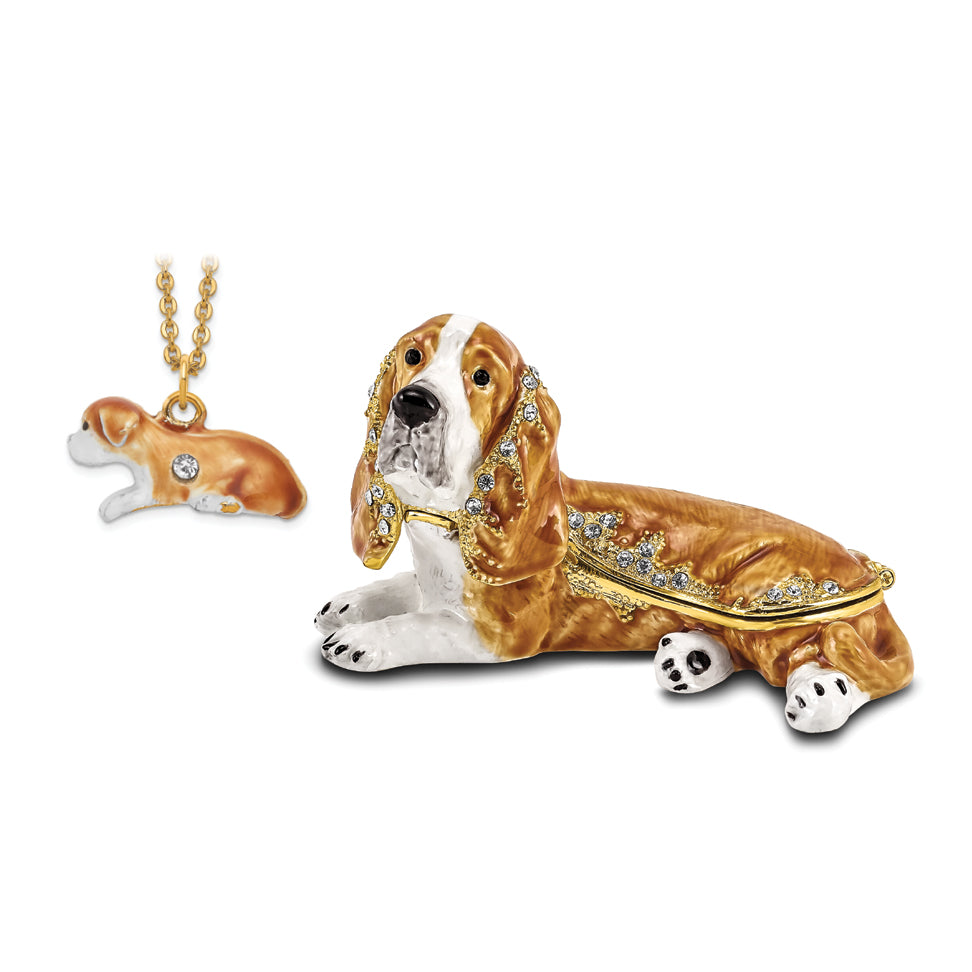 Luxury Giftware by Jere Pewter Bejeweled Crystals Gold-tone Enameled OTIS Bassett Hound Trinket Box with Matching 18 Inch Necklace