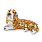 Luxury Giftware by Jere Pewter Bejeweled Crystals Gold-tone Enameled OTIS Bassett Hound Trinket Box with Matching 18 Inch Necklace
