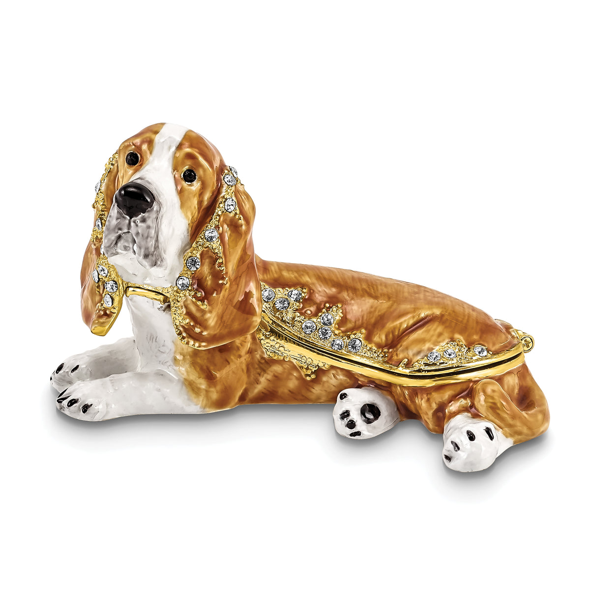 Luxury Giftware by Jere Pewter Bejeweled Crystals Gold-tone Enameled OTIS Bassett Hound Trinket Box with Matching 18 Inch Necklace
