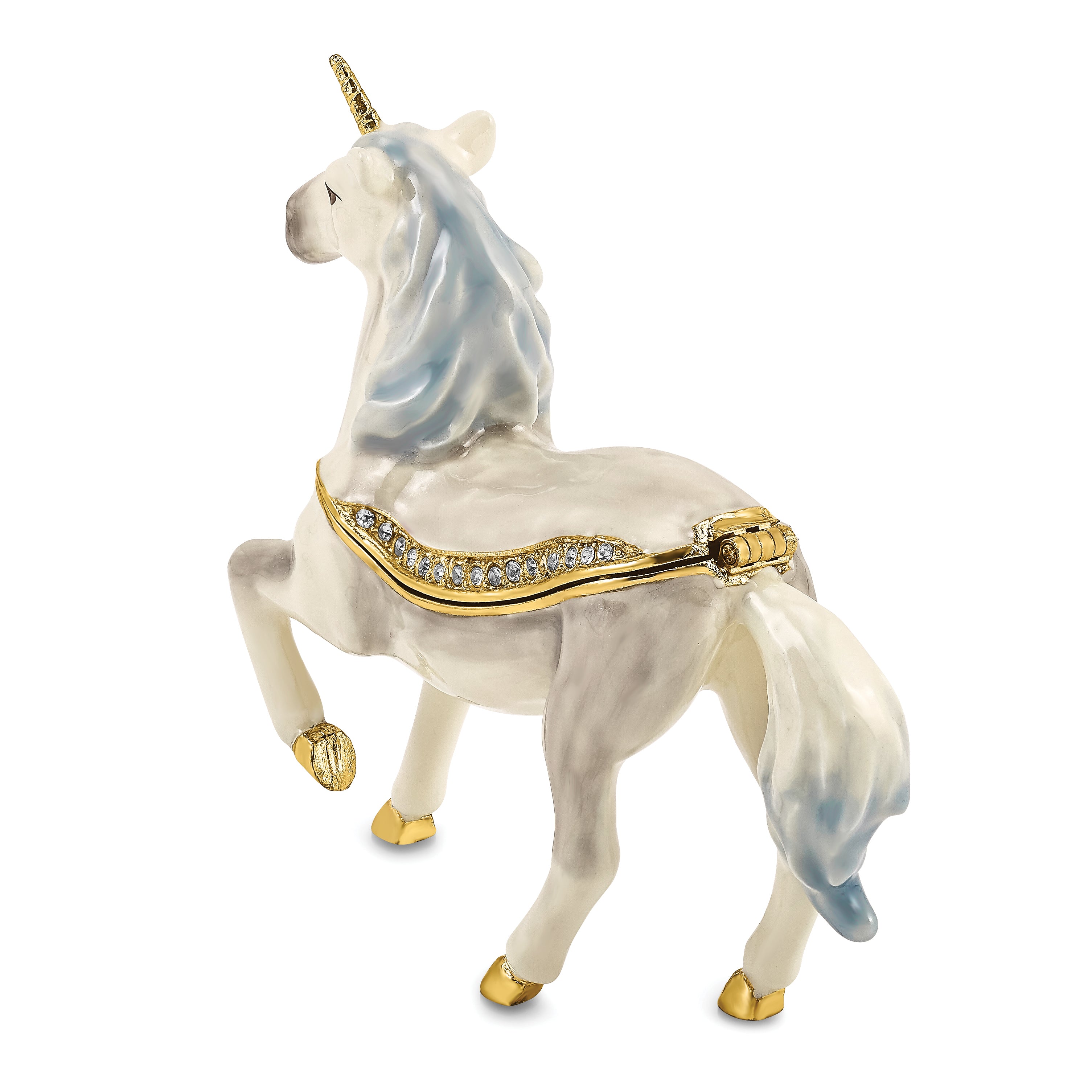 Luxury Giftware by Jere Pewter Bejeweled Crystals Gold-tone Enameled SUNNY Enchanted Unicorn Trinket Box with Matching 18 Inch Necklace