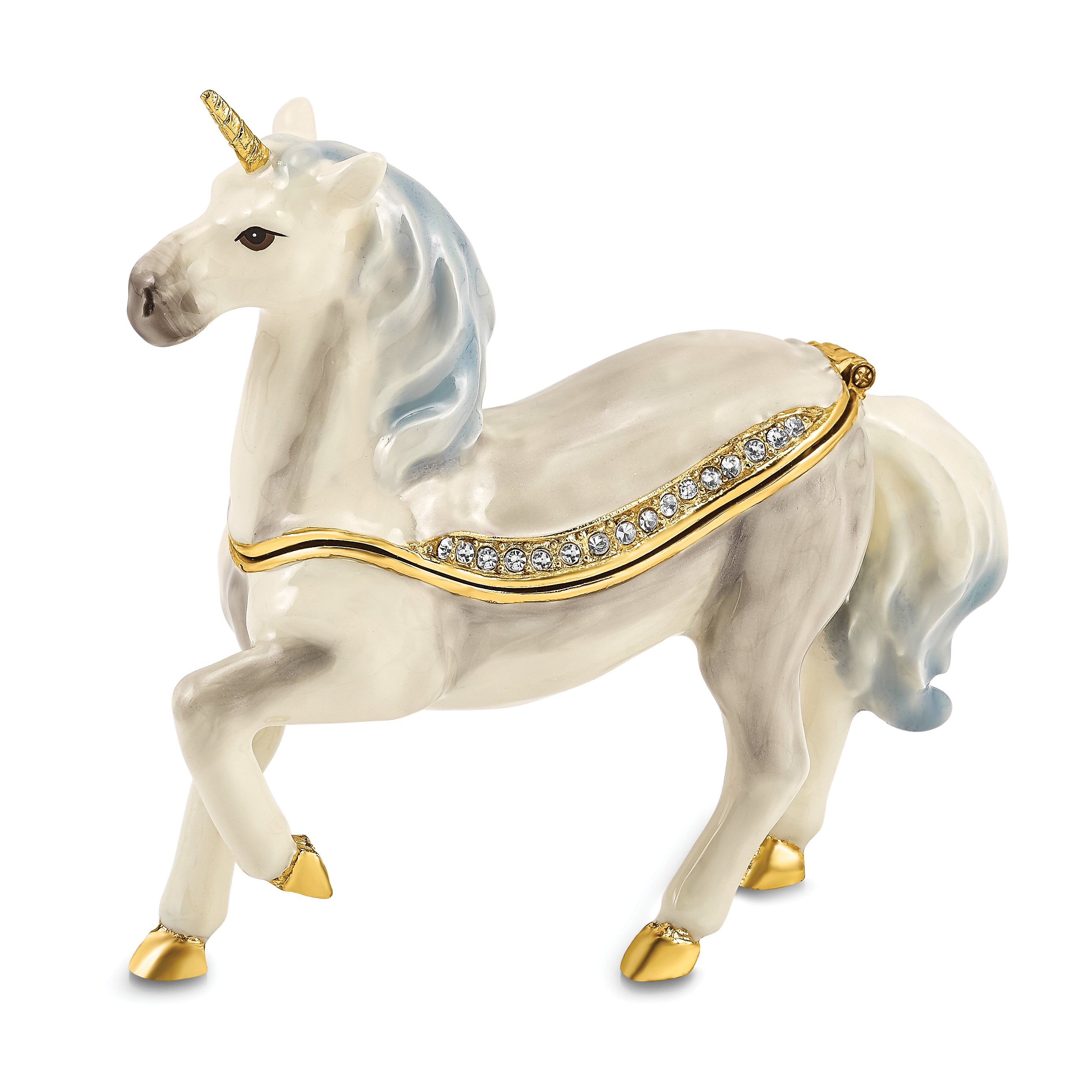 Luxury Giftware by Jere Pewter Bejeweled Crystals Gold-tone Enameled SUNNY Enchanted Unicorn Trinket Box with Matching 18 Inch Necklace