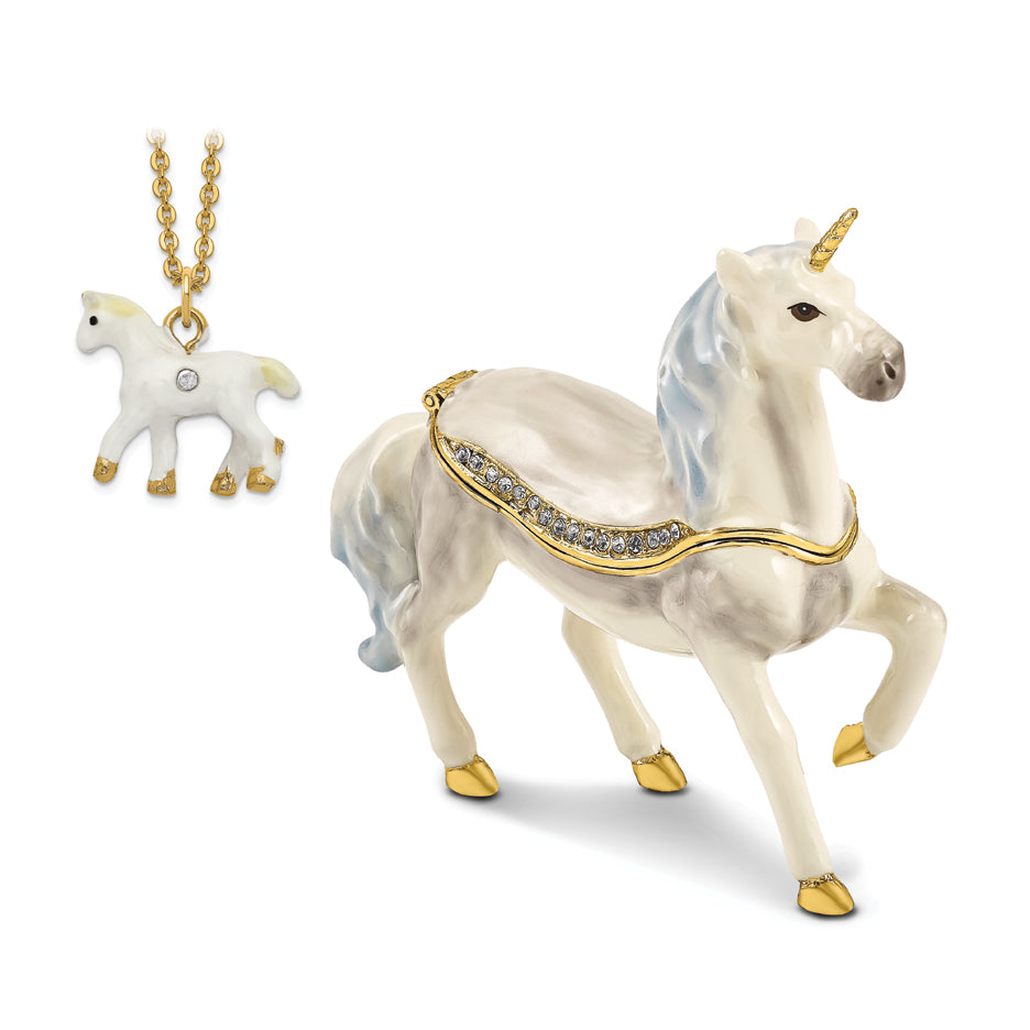 Luxury Giftware by Jere Pewter Bejeweled Crystals Gold-tone Enameled SUNNY Enchanted Unicorn Trinket Box with Matching 18 Inch Necklace