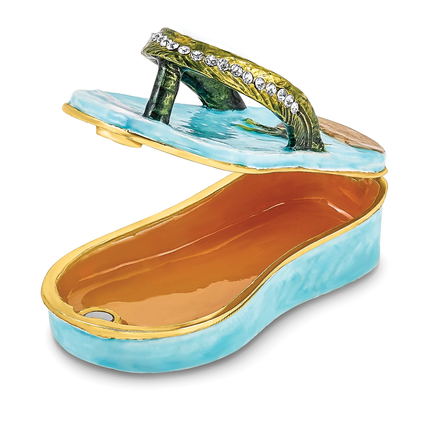 Luxury Giftware by Jere Pewter Bejeweled Crystals Gold-tone Enameled SANDY TOES Sandal With Palm Tree Trinket Box with Matching 18 Inch Necklace Secondary image