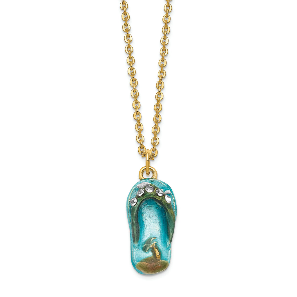 Luxury Giftware by Jere Pewter Bejeweled Crystals Gold-tone Enameled SANDY TOES Sandal With Palm Tree Trinket Box with Matching 18 Inch Necklace