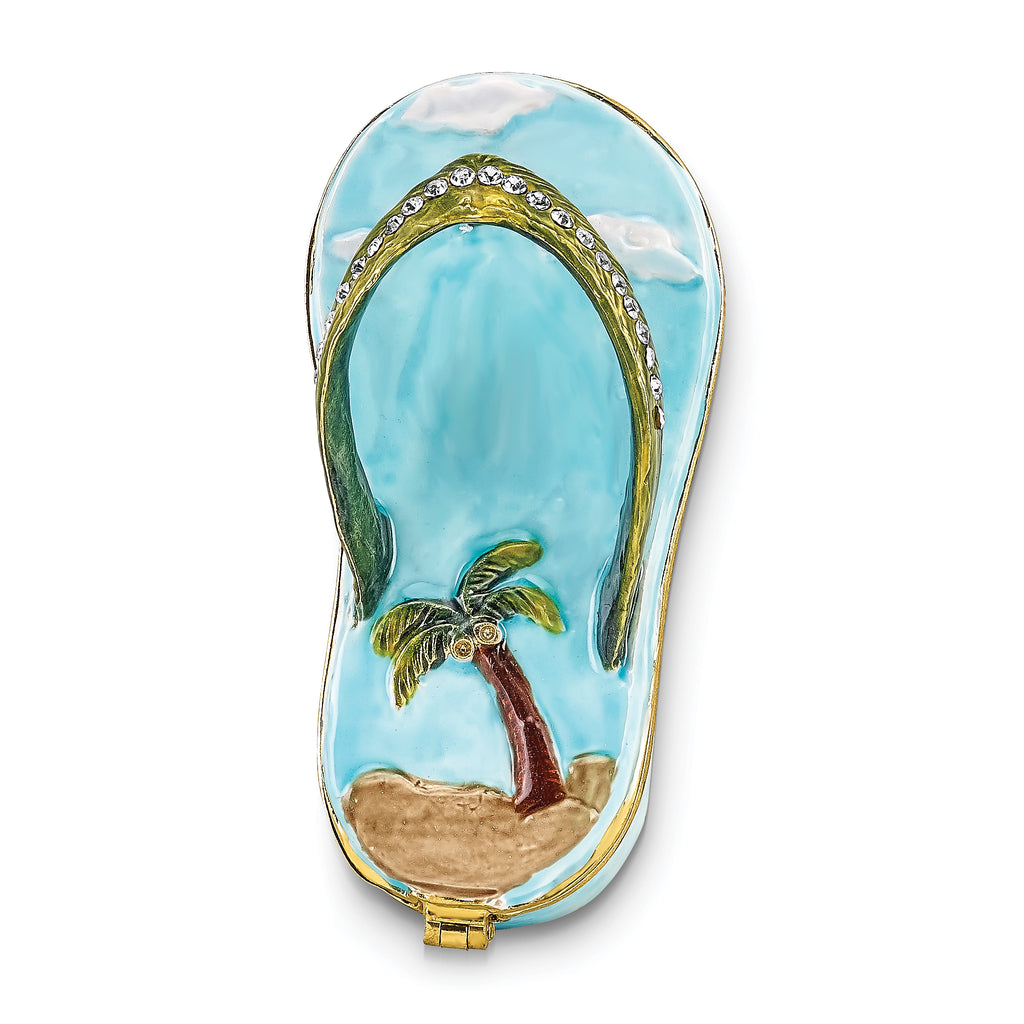 Luxury Giftware by Jere Pewter Bejeweled Crystals Gold-tone Enameled SANDY TOES Sandal With Palm Tree Trinket Box with Matching 18 Inch Necklace