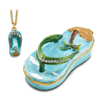 Luxury Giftware by Jere Pewter Bejeweled Crystals Gold-tone Enameled SANDY TOES Sandal With Palm Tree Trinket Box with Matching 18 Inch Necklace