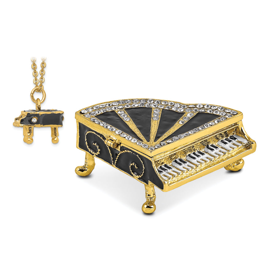 Luxury Giftware by Jere Pewter Bejeweled Crystals Gold-tone Enameled SERENADE Grand Piano Trinket Box with Matching 18 Inch Necklace