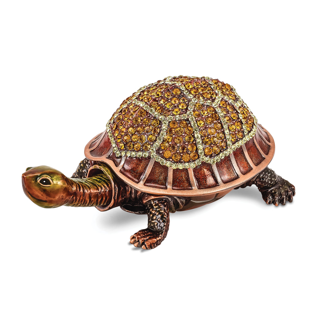 Luxury Giftware by Jere Pewter Bejeweled Crystals Rose-tone Enameled RHODA Tortoise With Moving Head Trinket Box with Matching 18 Inch Necklace