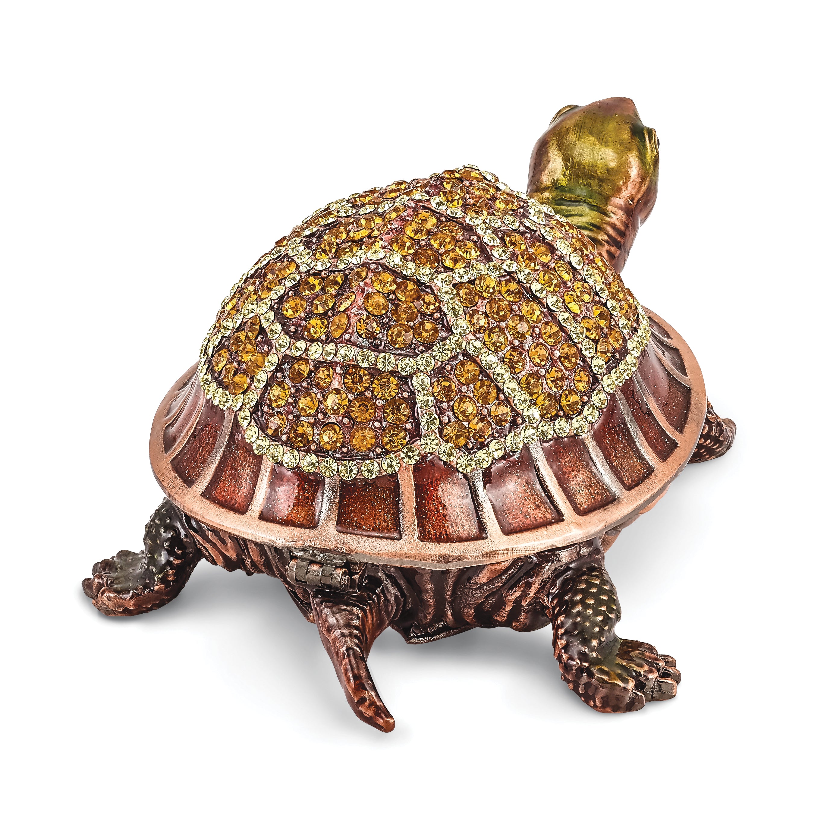 Luxury Giftware by Jere Pewter Bejeweled Crystals Rose-tone Enameled RHODA Tortoise With Moving Head Trinket Box with Matching 18 Inch Necklace