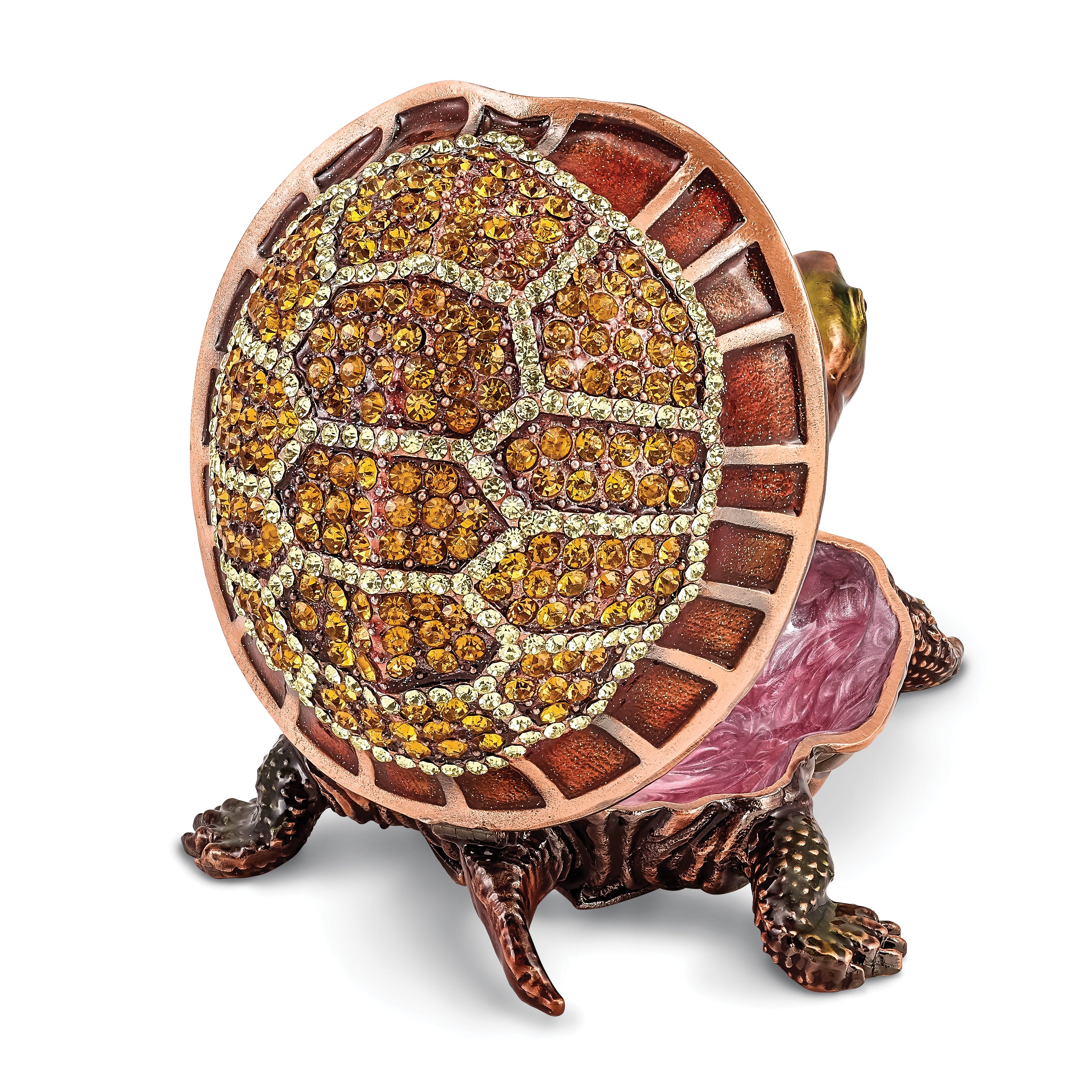 Luxury Giftware by Jere Pewter Bejeweled Crystals Rose-tone Enameled RHODA Tortoise With Moving Head Trinket Box with Matching 18 Inch Necklace