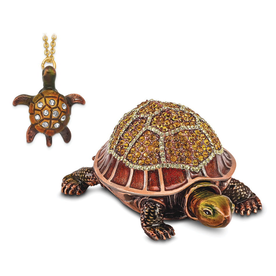 Luxury Giftware by Jere Pewter Bejeweled Crystals Rose-tone Enameled RHODA Tortoise With Moving Head Trinket Box with Matching 18 Inch Necklace
