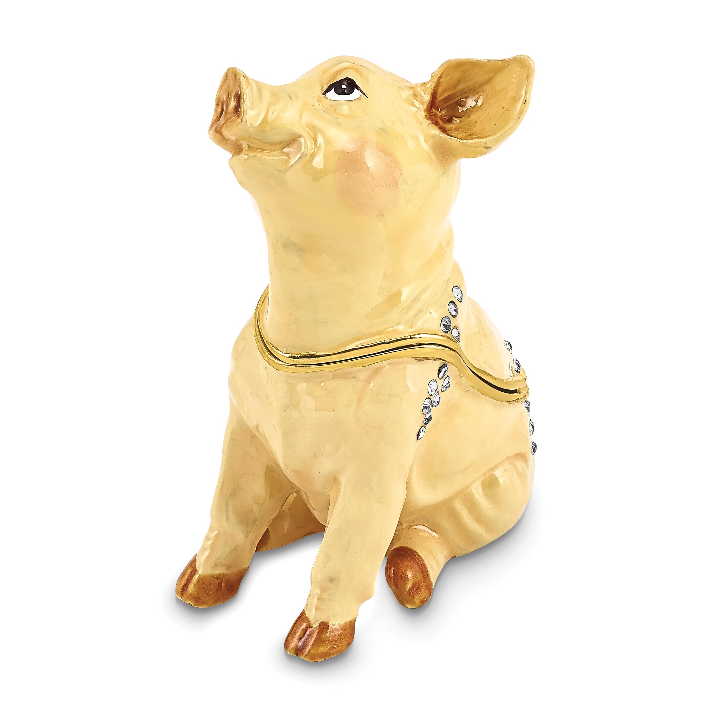 Luxury Giftware by Jere Pewter Bejeweled Crystals Gold-tone Enameled PRECIOUS Pig Trinket Box with Matching 18 Inch Necklace