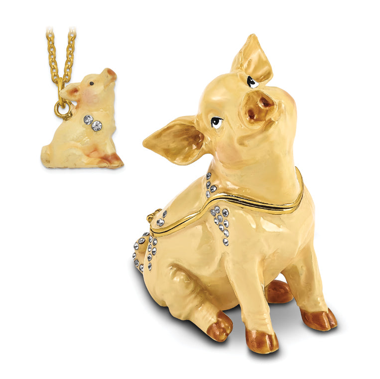 Luxury Giftware by Jere Pewter Bejeweled Crystals Gold-tone Enameled PRECIOUS Pig Trinket Box with Matching 18 Inch Necklace