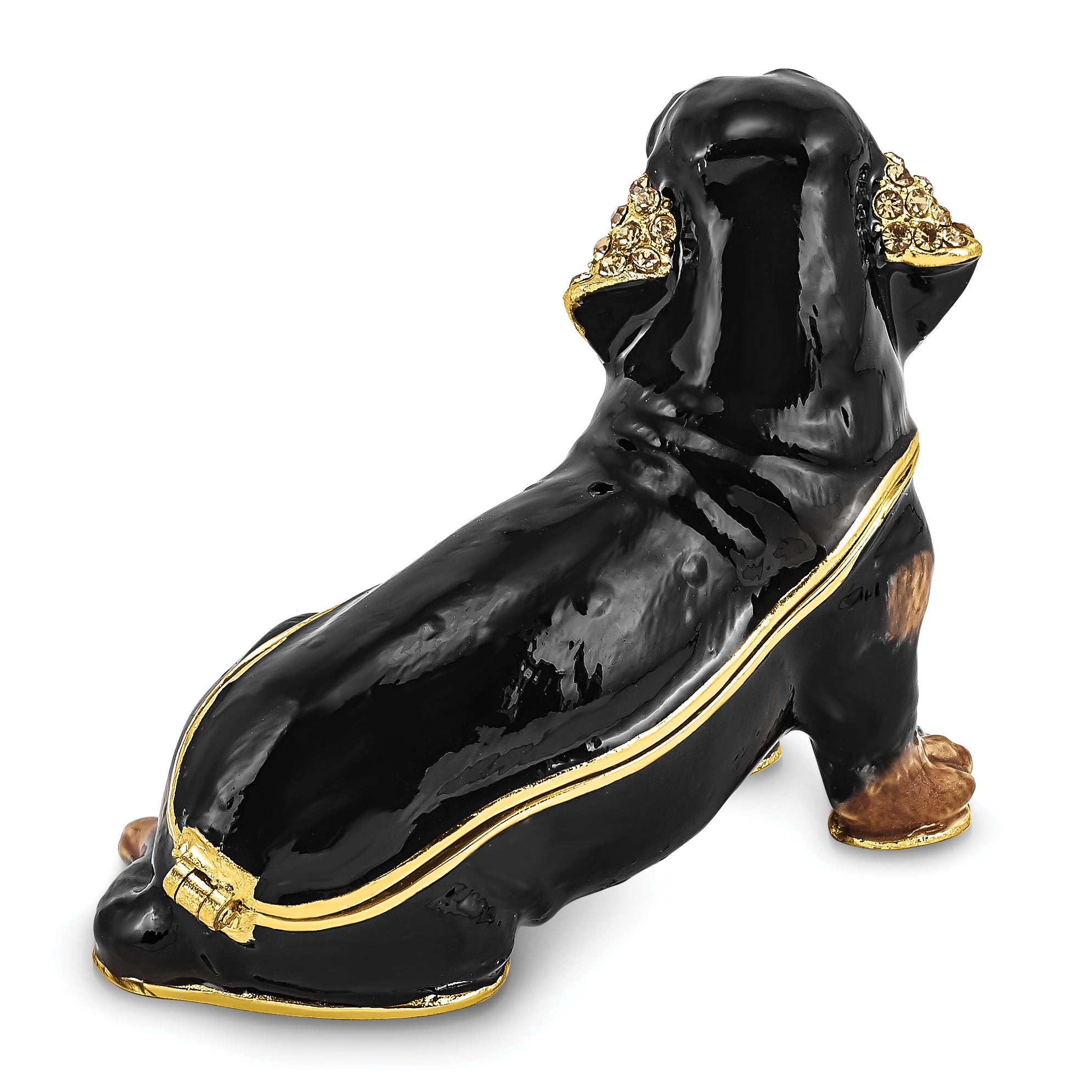 Luxury Giftware by Jere Pewter Bejeweled Crystals Gold-tone Enameled REGAN Dachshund Trinket Box with Matching 18 Inch Necklace