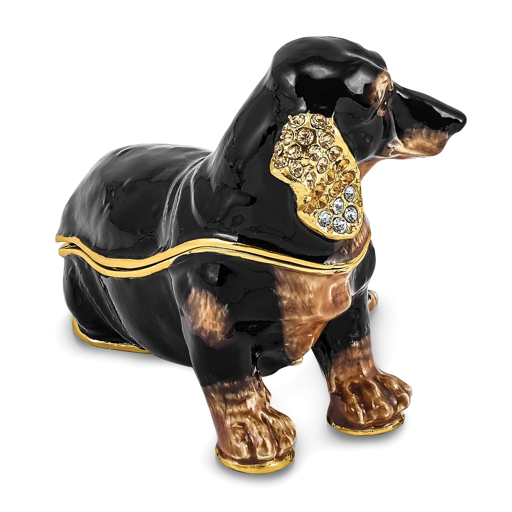 Luxury Giftware by Jere Pewter Bejeweled Crystals Gold-tone Enameled REGAN Dachshund Trinket Box with Matching 18 Inch Necklace