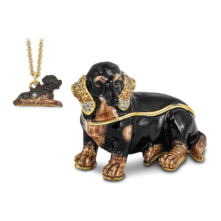 Luxury Giftware by Jere Pewter Bejeweled Crystals Gold-tone Enameled REGAN Dachshund Trinket Box with Matching 18 Inch Necklace