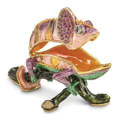 Luxury Giftware by Jere Pewter Bejeweled Crystals Gold-tone Enameled CAMILLE Chameleon Trinket Box with Matching 18 Inch Necklace