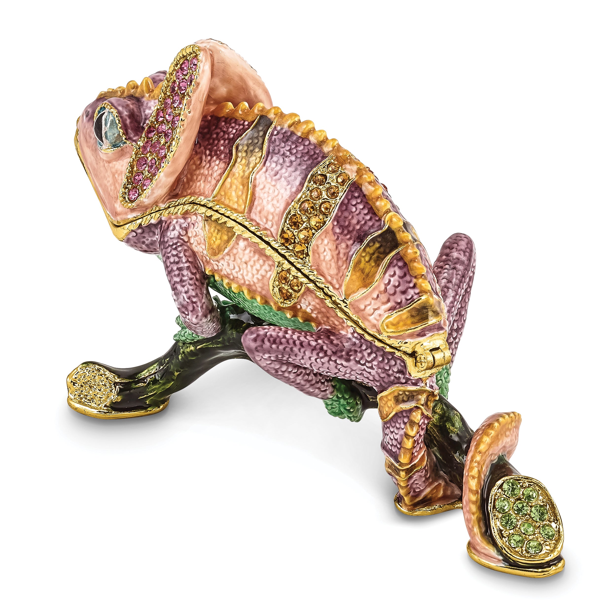 Luxury Giftware by Jere Pewter Bejeweled Crystals Gold-tone Enameled CAMILLE Chameleon Trinket Box with Matching 18 Inch Necklace
