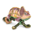Luxury Giftware by Jere Pewter Bejeweled Crystals Gold-tone Enameled CAMILLE Chameleon Trinket Box with Matching 18 Inch Necklace