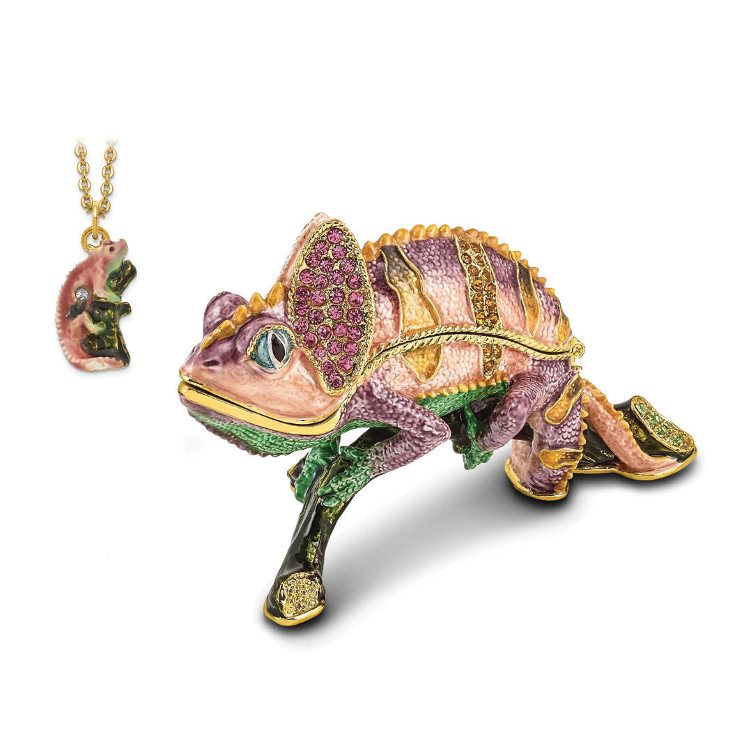 Luxury Giftware by Jere Pewter Bejeweled Crystals Gold-tone Enameled CAMILLE Chameleon Trinket Box with Matching 18 Inch Necklace