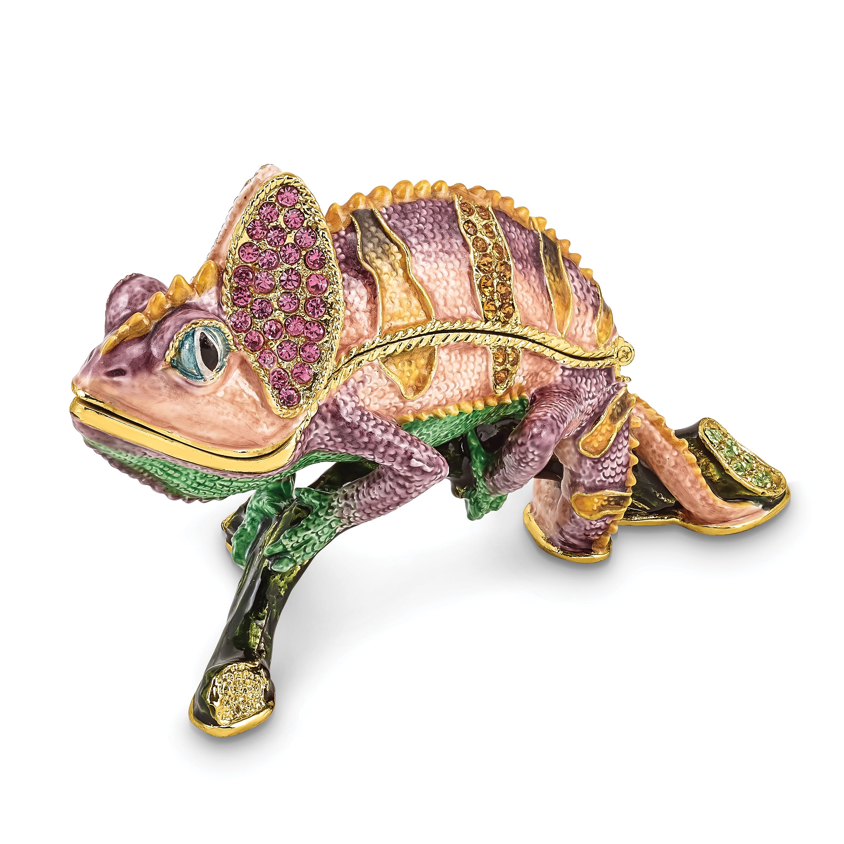 Luxury Giftware by Jere Pewter Bejeweled Crystals Gold-tone Enameled CAMILLE Chameleon Trinket Box with Matching 18 Inch Necklace