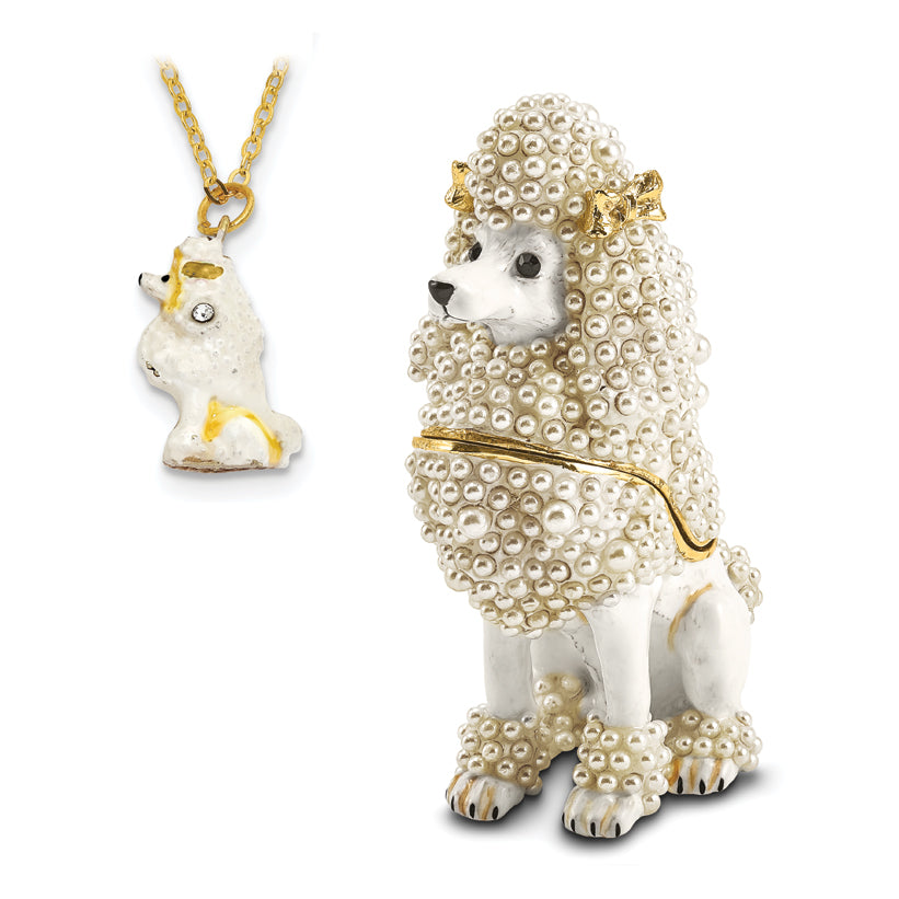 Luxury Giftware by Jere Pewter Bejeweled Imitation Pearls and Crystals Gold-tone Enameled FIFI French Poodle Trinket Box with Matching 18 Inch Necklace