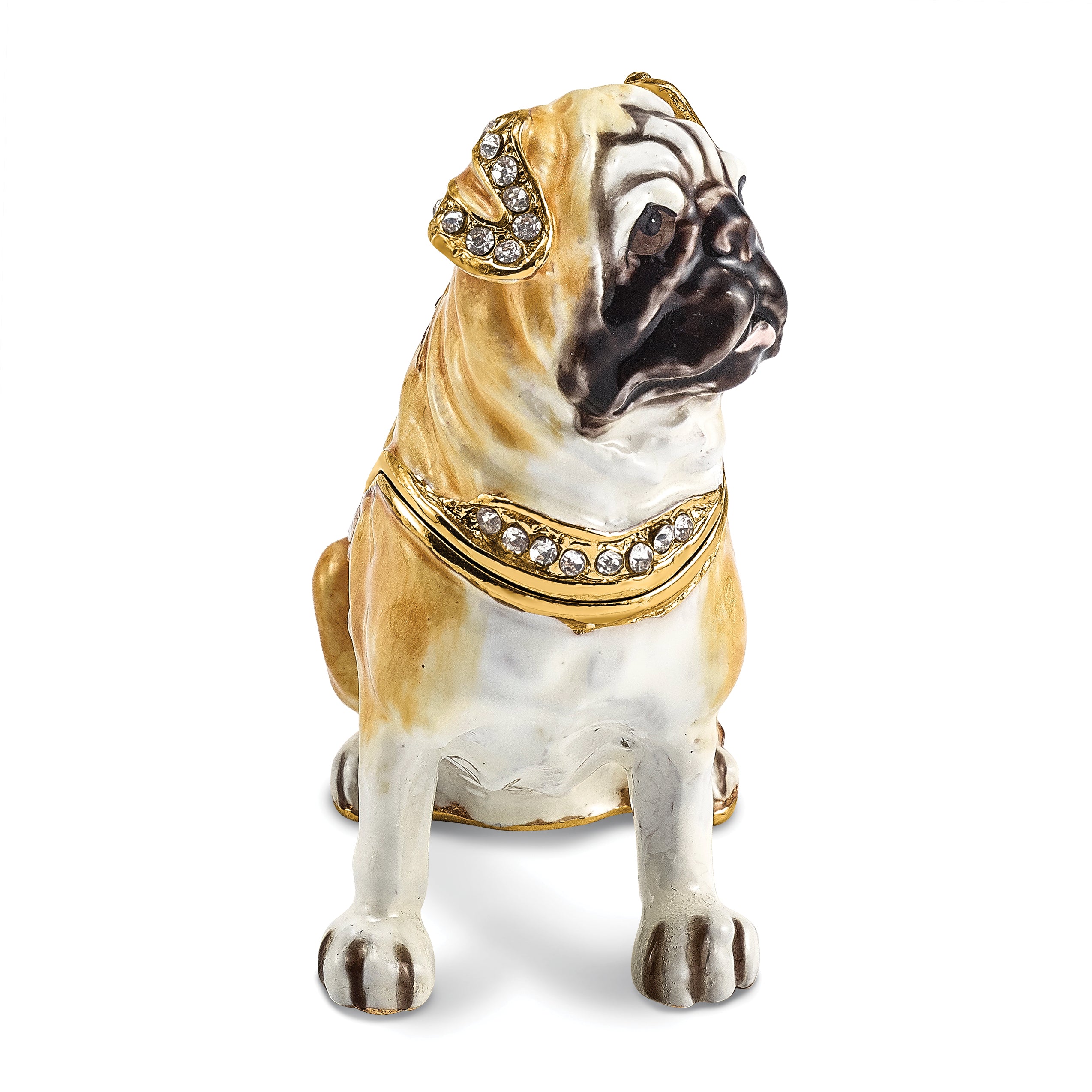 Luxury Giftware by Jere Pewter Bejeweled Crystals Gold-tone Enameled WEDNESDAY Pug Trinket Box with Matching 18 Inch Necklace