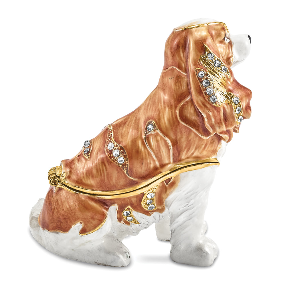 Luxury Giftware by Jere Pewter Bejeweled Crystals Gold-tone Enameled HENRIETTA Maria Cavalier King Charles Spaniel Trinket Box with Matching 18 Inch Necklace