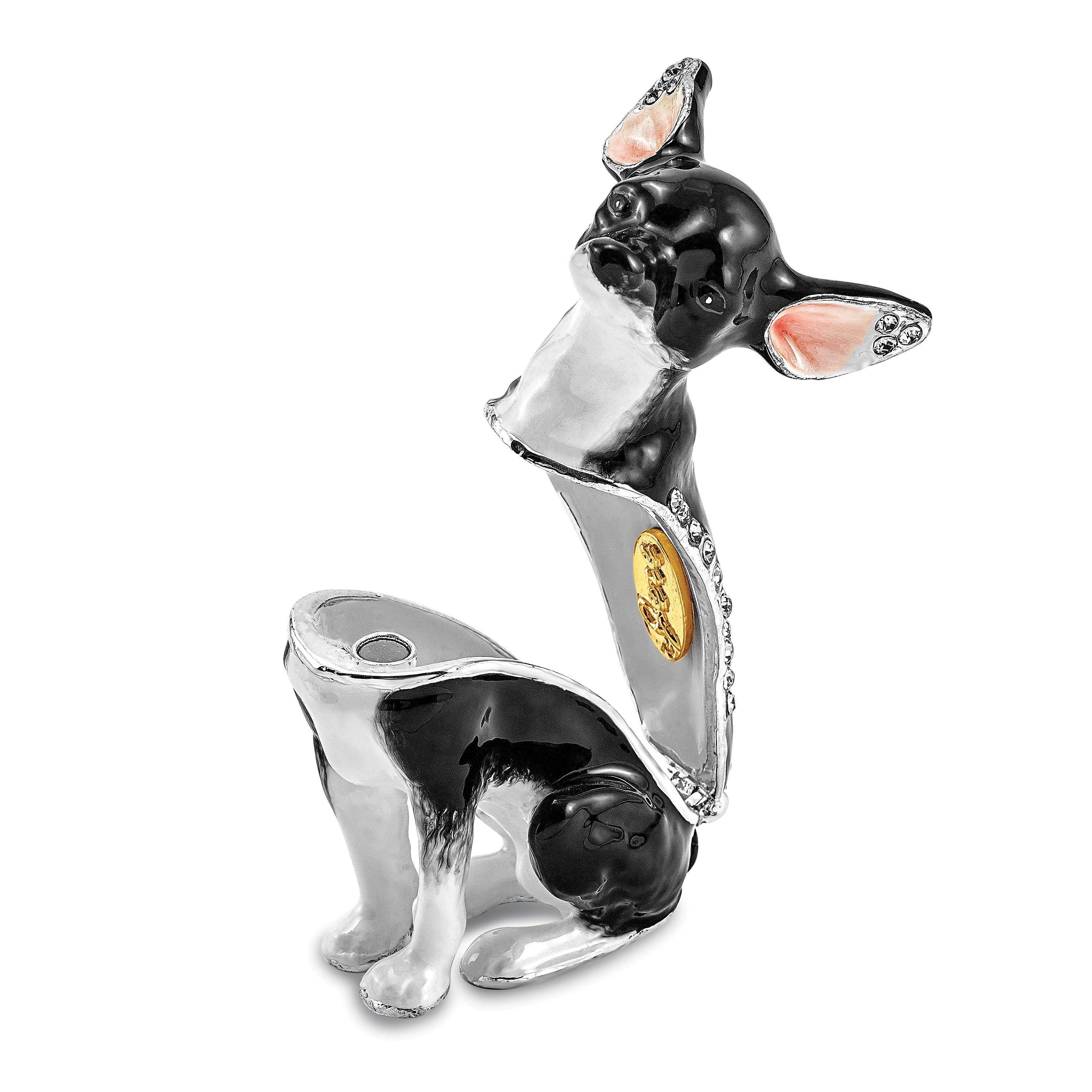 Luxury Giftware Pewter Bejeweled Crystals Silver-tone Enameled LEO Black & White Chihuahua Trinket Box with Matching 18 Inch Necklace