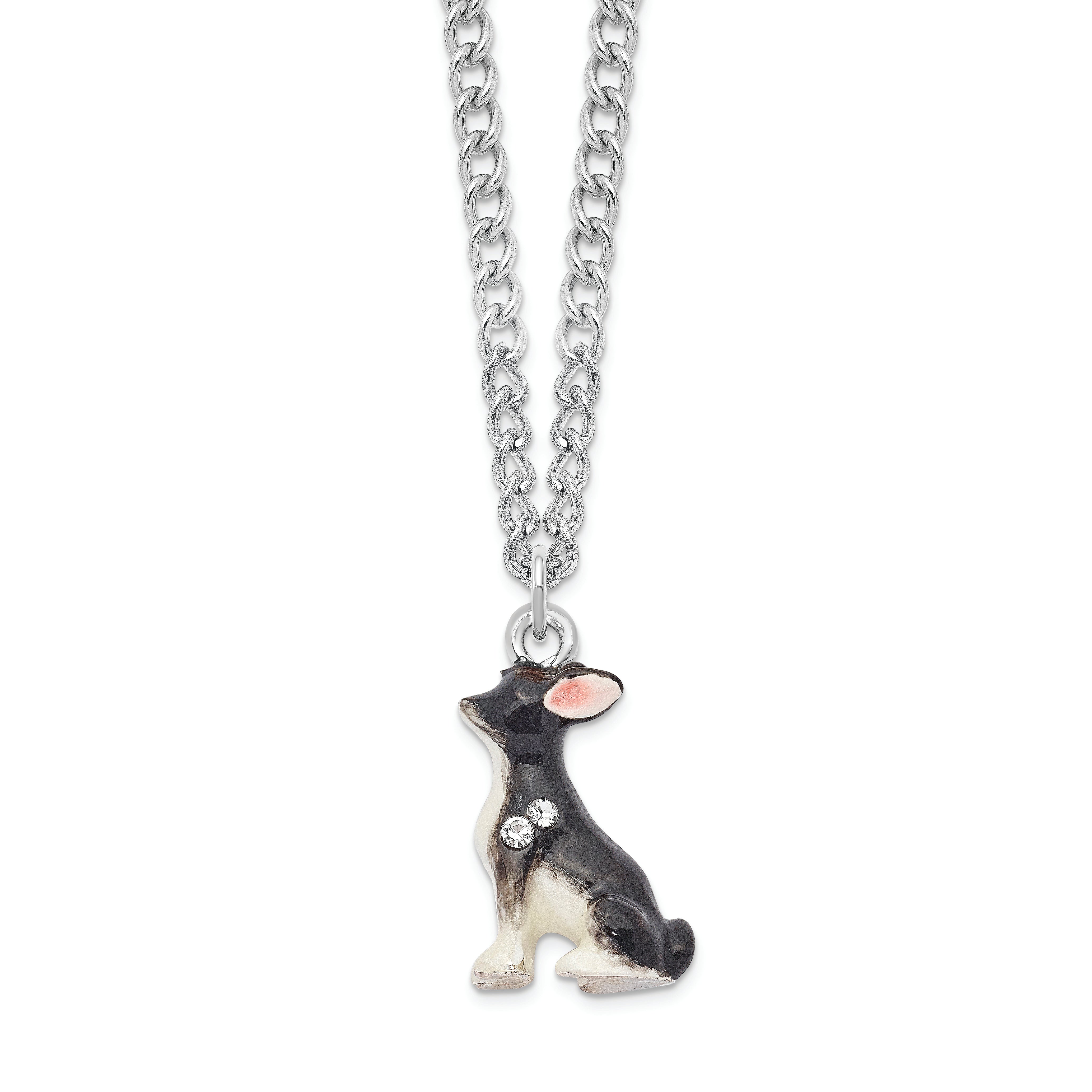 Luxury Giftware Pewter Bejeweled Crystals Silver-tone Enameled LEO Black & White Chihuahua Trinket Box with Matching 18 Inch Necklace
