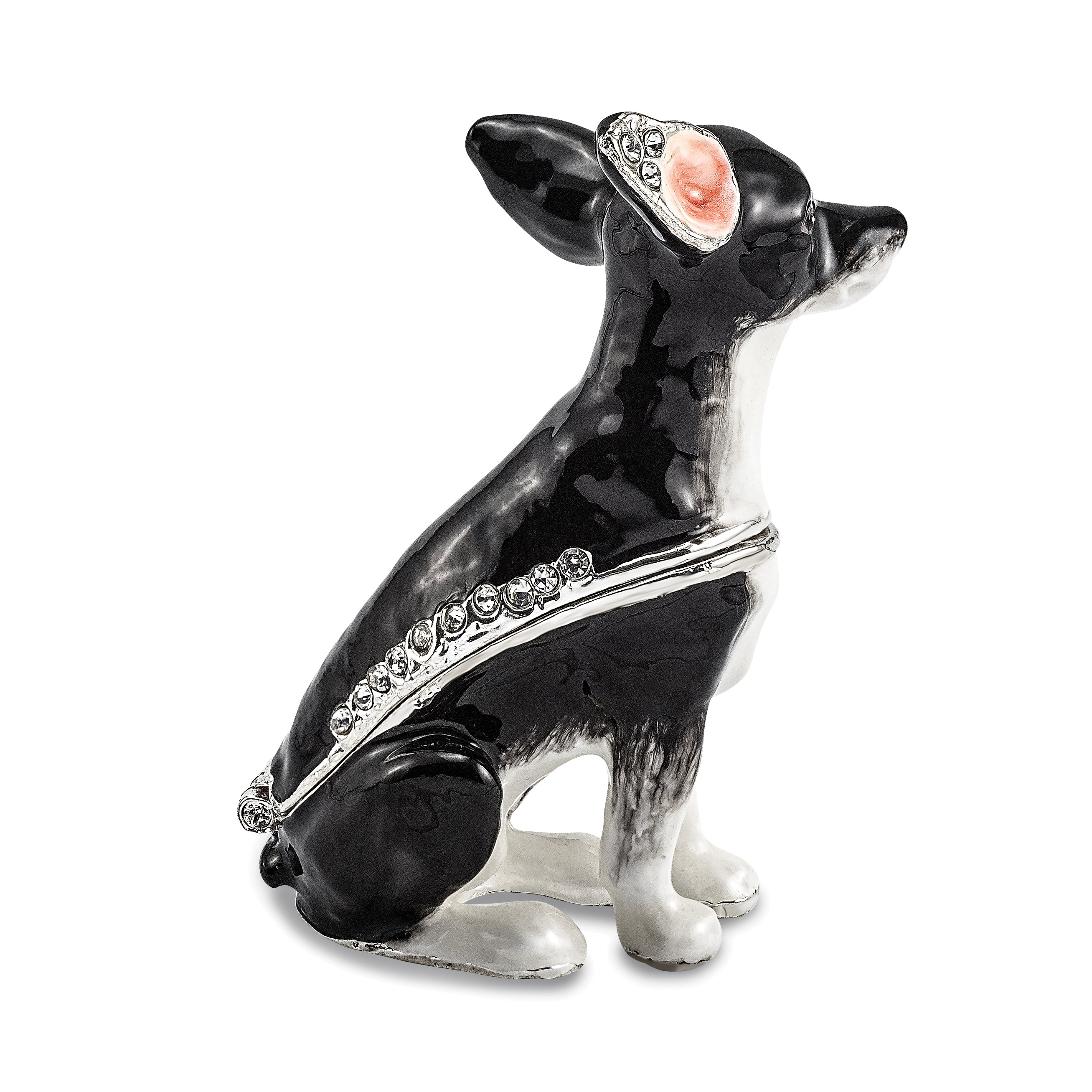 Luxury Giftware Pewter Bejeweled Crystals Silver-tone Enameled LEO Black & White Chihuahua Trinket Box with Matching 18 Inch Necklace