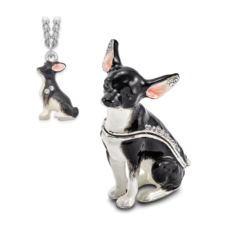 Luxury Giftware Pewter Bejeweled Crystals Silver-tone Enameled LEO Black & White Chihuahua Trinket Box with Matching 18 Inch Necklace