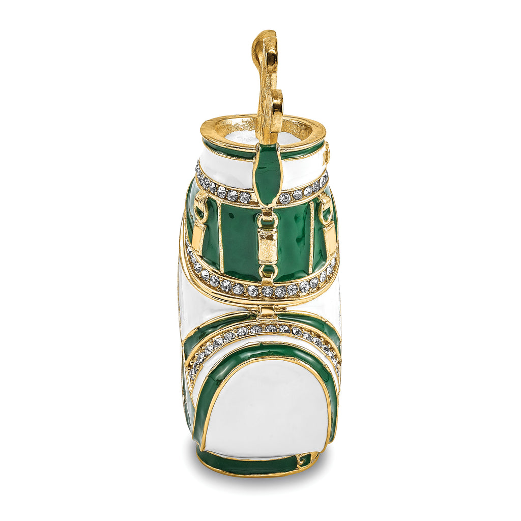 Luxury Giftware Pewter Bejeweled Crystals Gold-tone Enameled GAME OF FORES Golf Bag Trinket Box with Matching 18 Inch Necklace