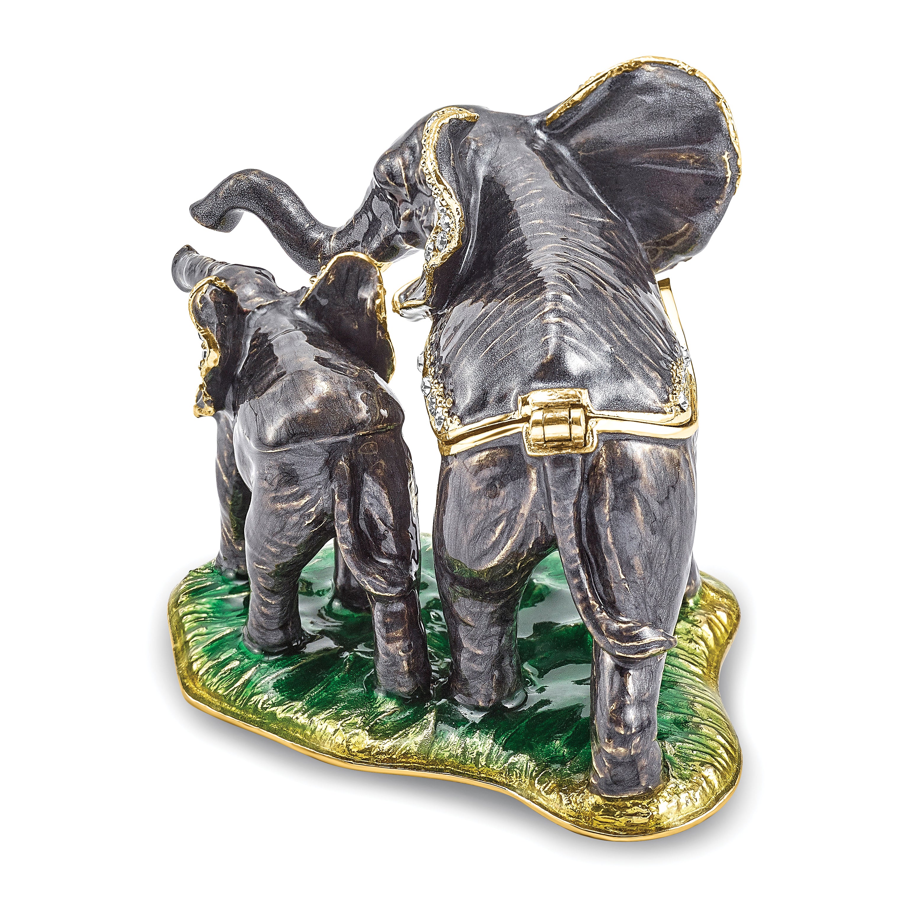 Luxury Giftware by Jere Pewter Bejeweled Crystals Gold-tone Enameled ELLA & ELI Mom & Baby Elephant Trinket Box with Matching 18 Inch Necklace