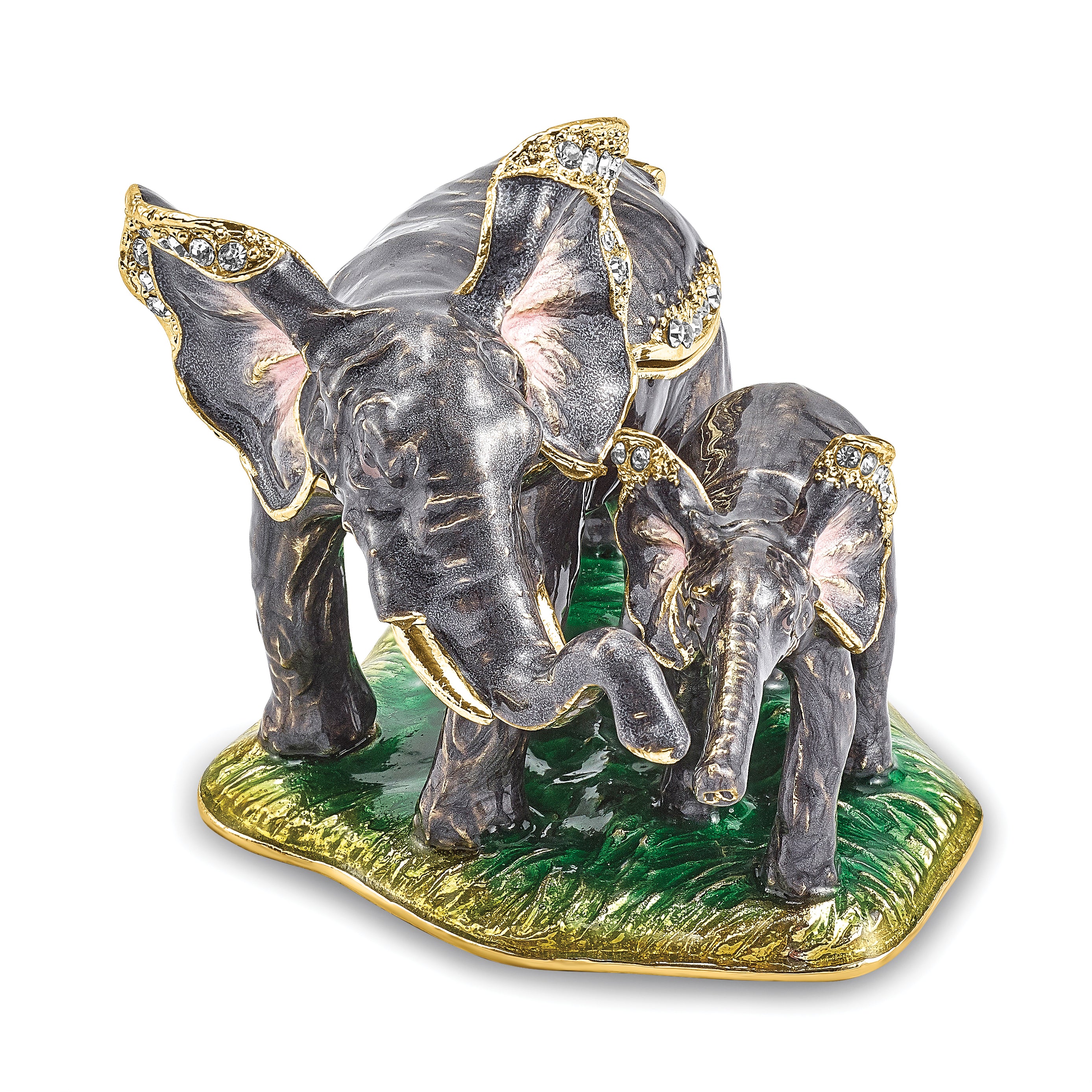 Luxury Giftware by Jere Pewter Bejeweled Crystals Gold-tone Enameled ELLA & ELI Mom & Baby Elephant Trinket Box with Matching 18 Inch Necklace