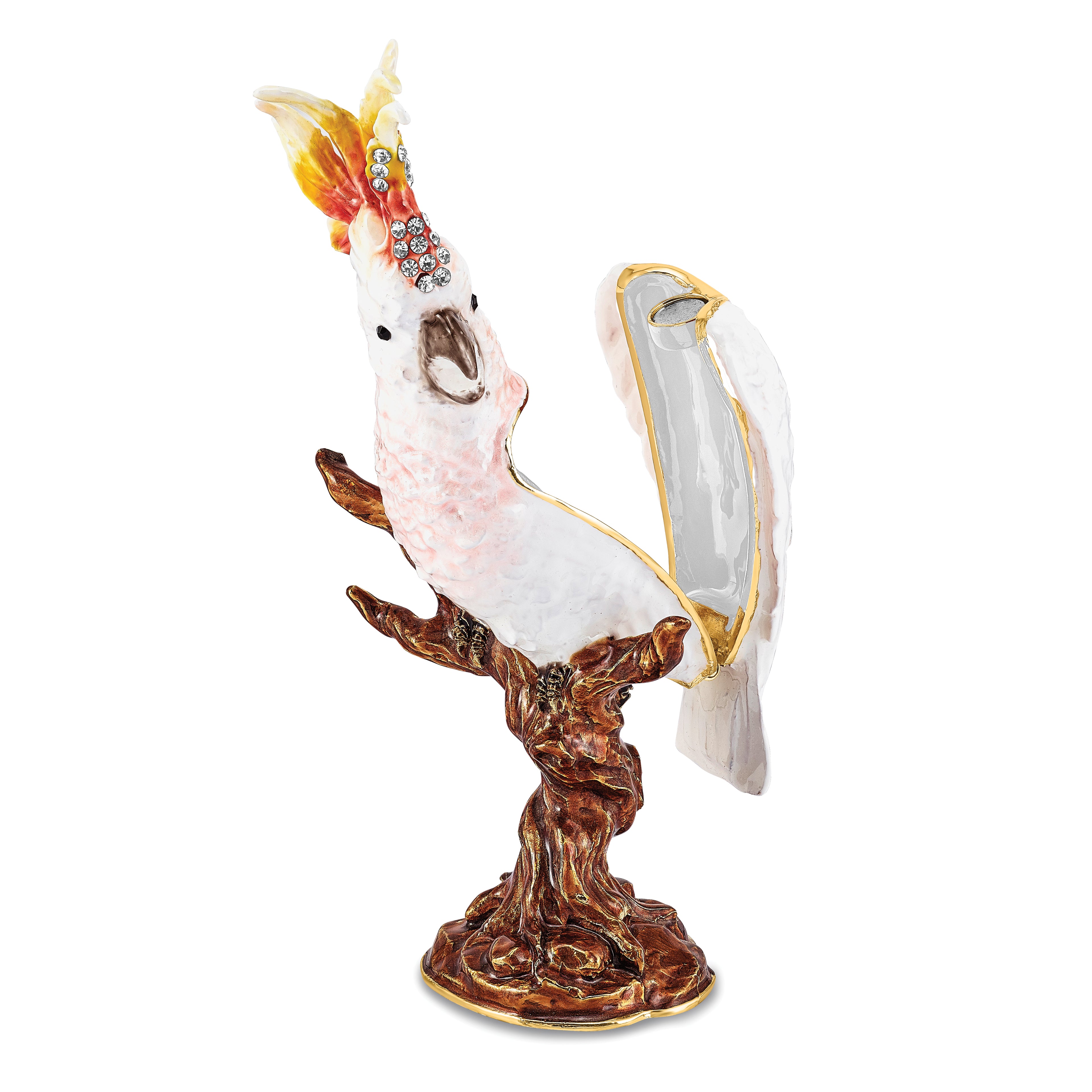 Luxury Giftware by Jere Pewter Bejeweled Crystals Gold-tone Enameled CARMEN Cockatoo Trinket Box with Matching 18 Inch Necklace