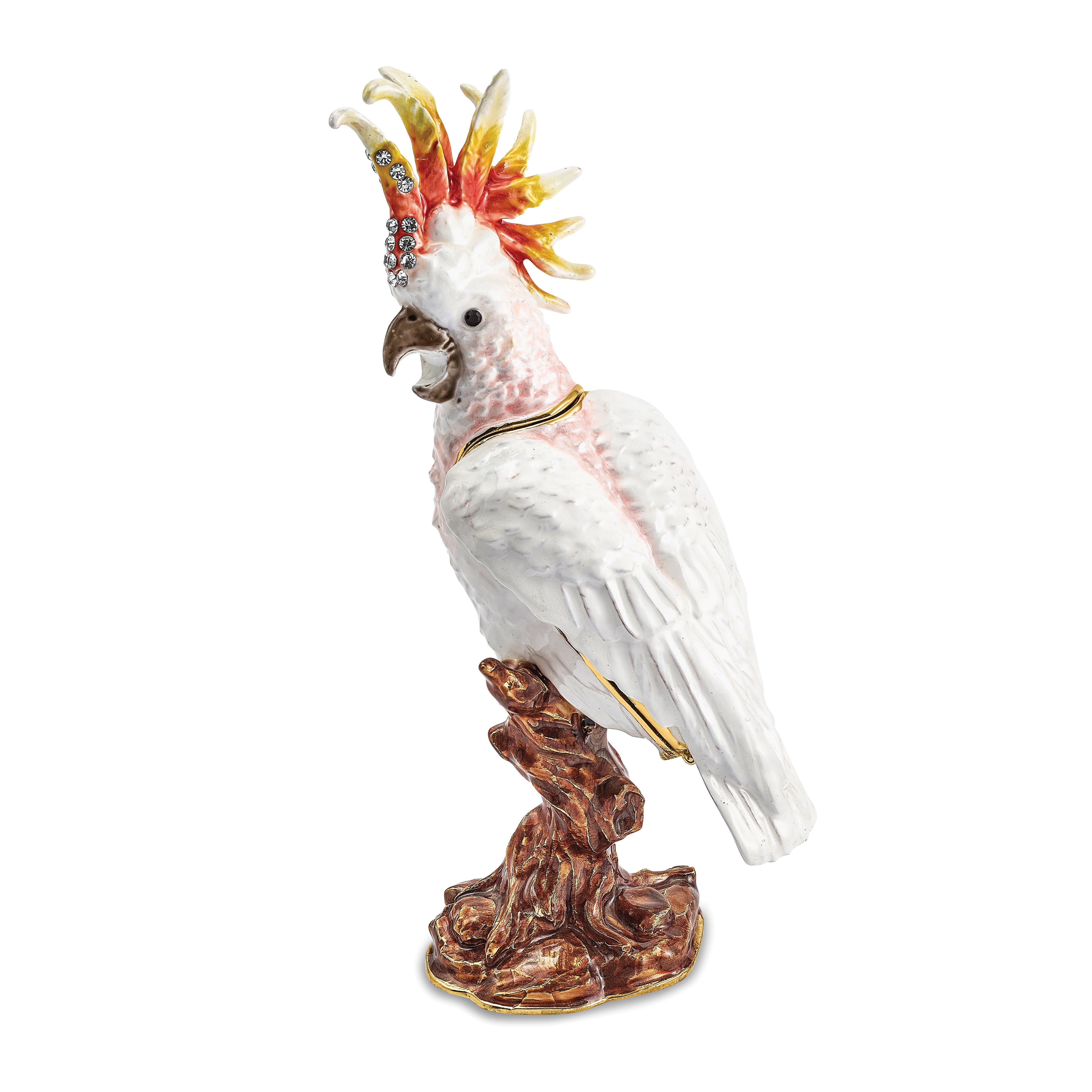 Luxury Giftware by Jere Pewter Bejeweled Crystals Gold-tone Enameled CARMEN Cockatoo Trinket Box with Matching 18 Inch Necklace