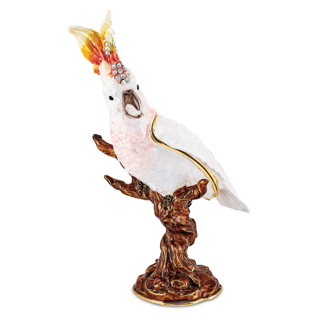 Luxury Giftware by Jere Pewter Bejeweled Crystals Gold-tone Enameled CARMEN Cockatoo Trinket Box with Matching 18 Inch Necklace