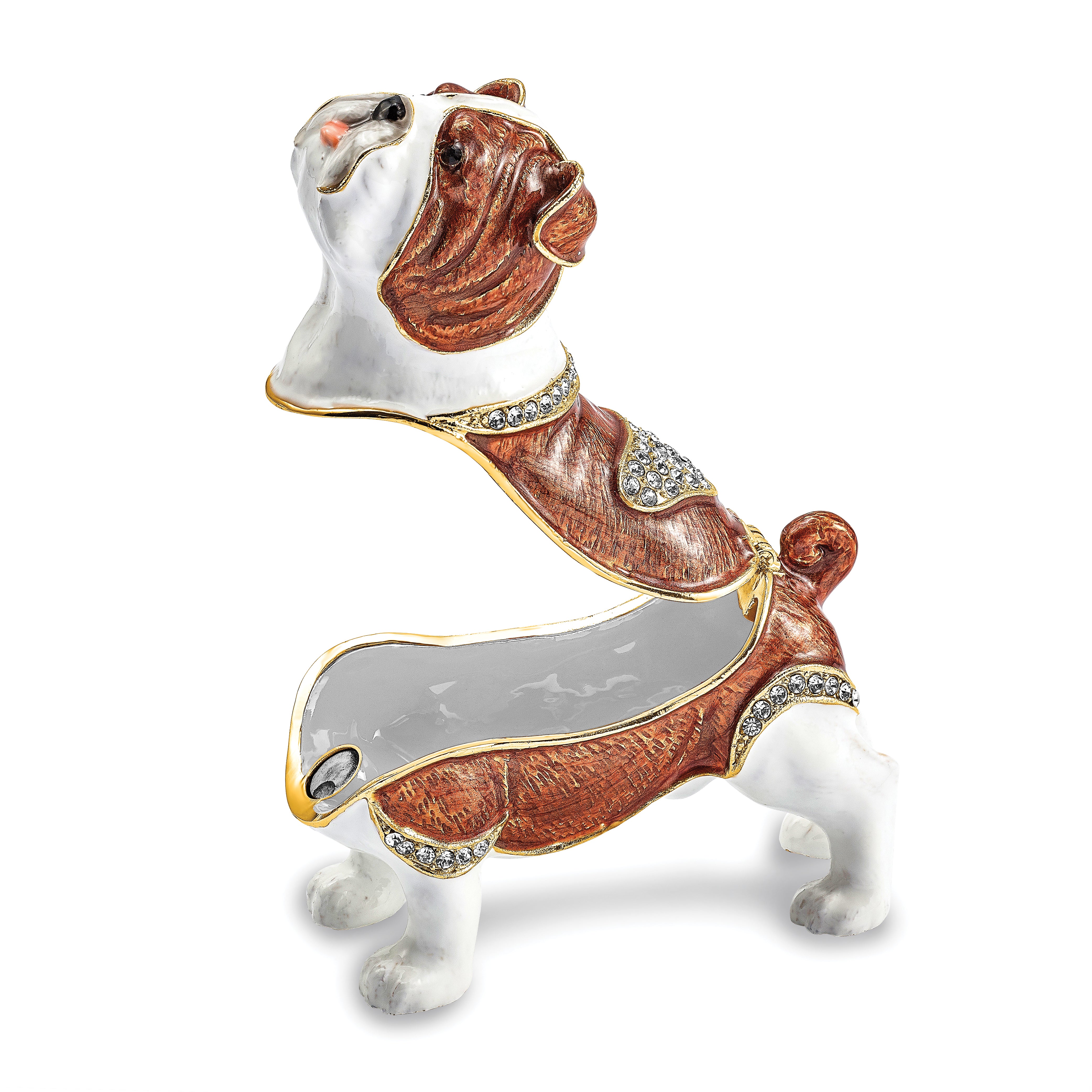 Luxury Giftware by Jere Pewter Bejeweled Crystals Gold-tone Enameled MAC English Bulldog Trinket Box with Matching 18 Inch Necklace