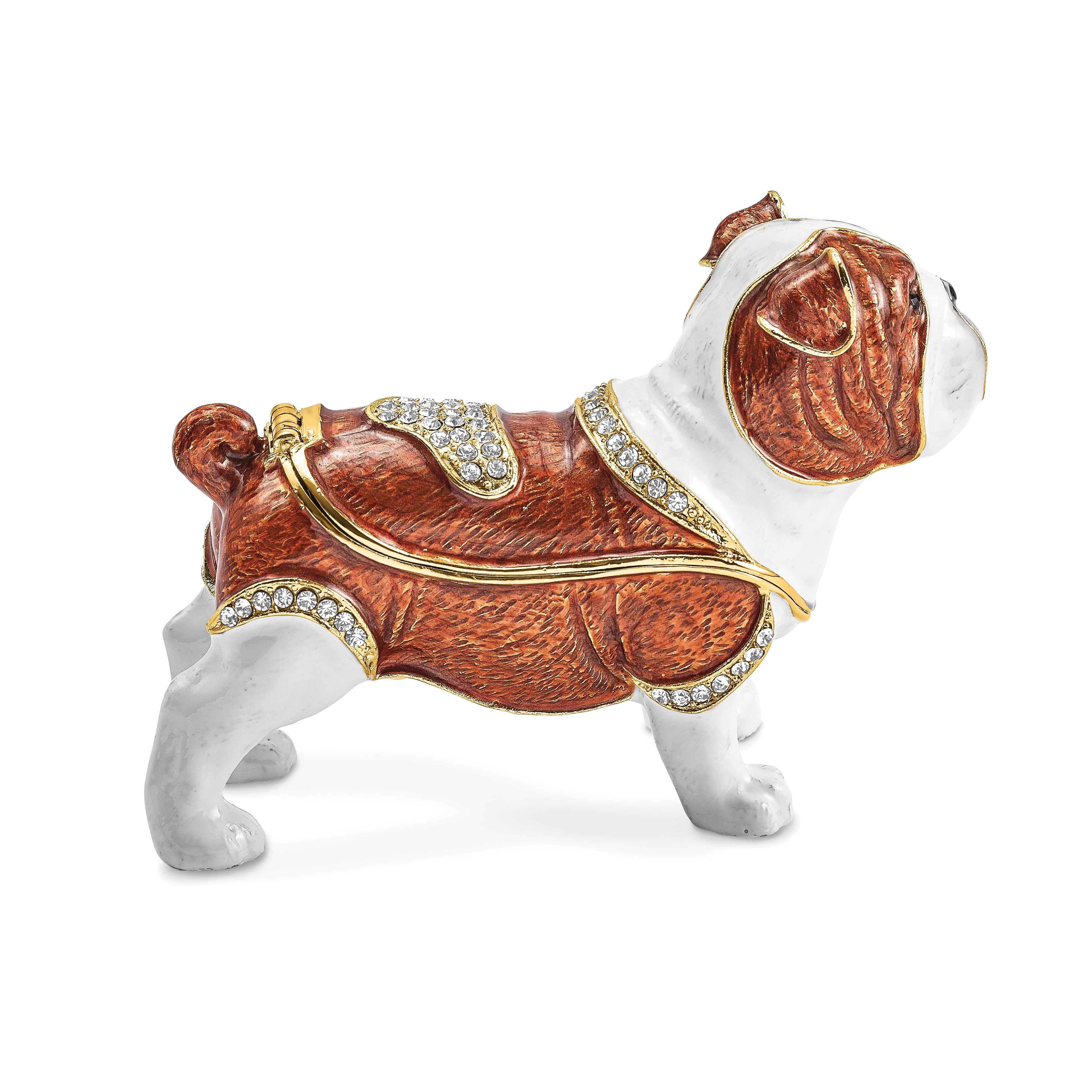 Luxury Giftware by Jere Pewter Bejeweled Crystals Gold-tone Enameled MAC English Bulldog Trinket Box with Matching 18 Inch Necklace