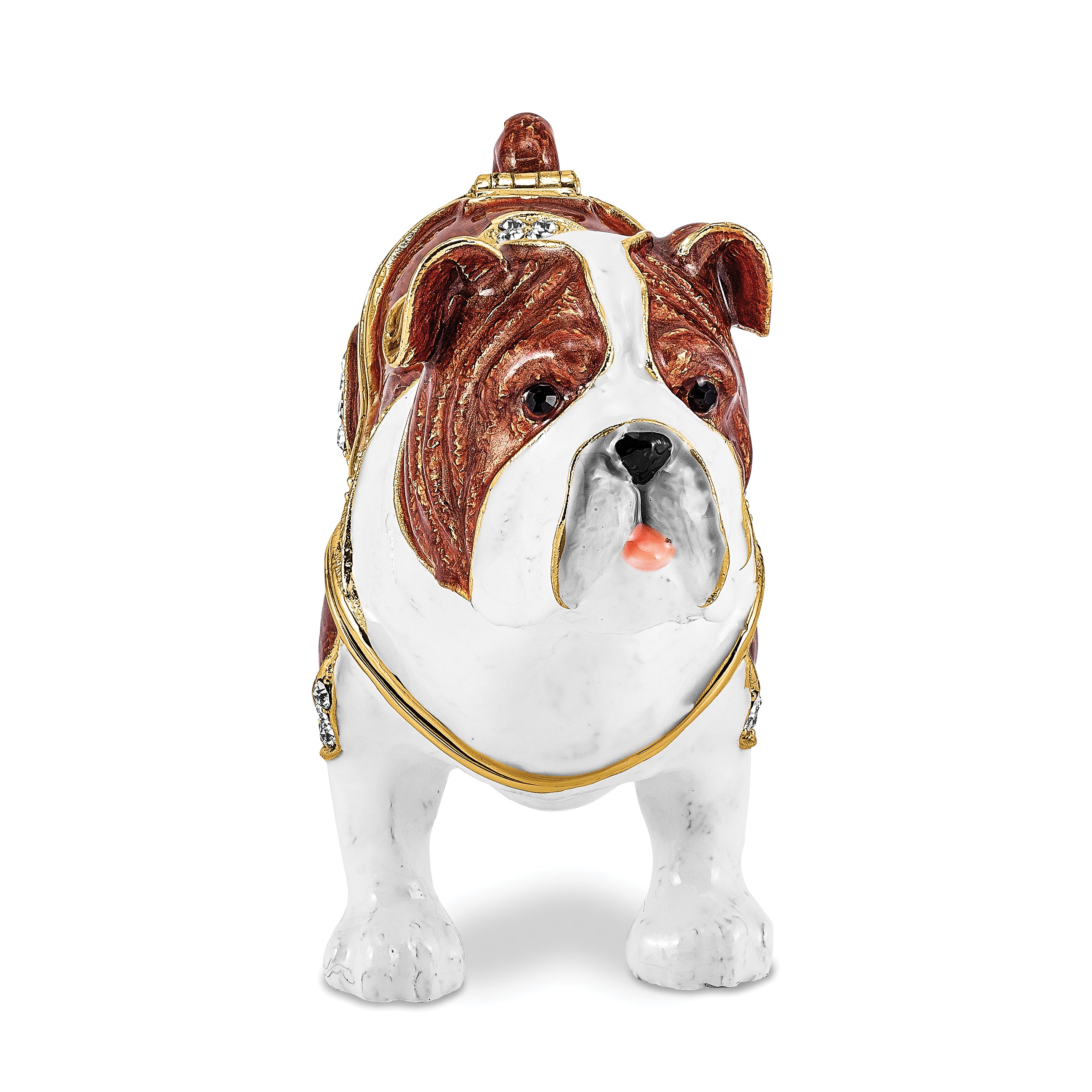 Luxury Giftware by Jere Pewter Bejeweled Crystals Gold-tone Enameled MAC English Bulldog Trinket Box with Matching 18 Inch Necklace