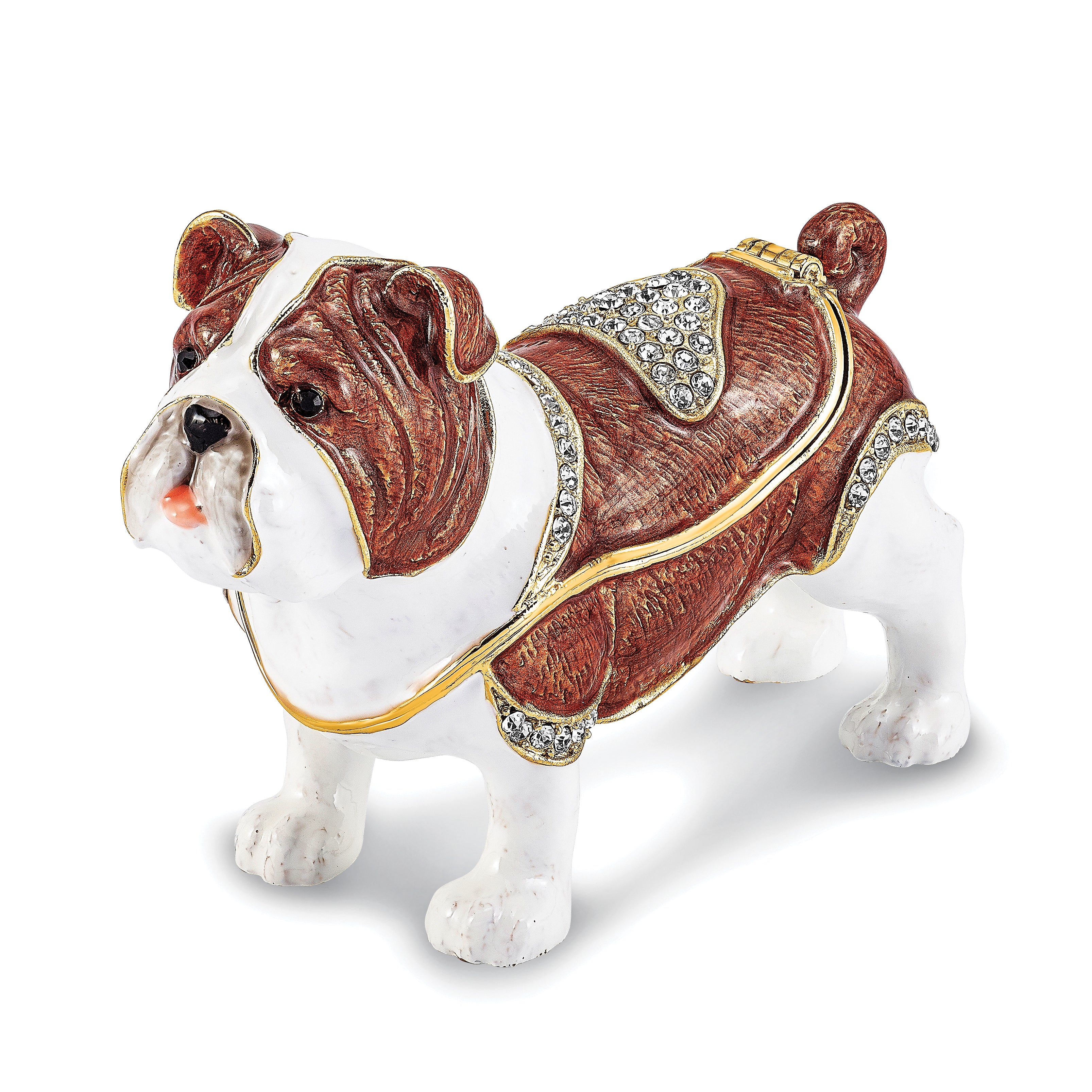 Luxury Giftware by Jere Pewter Bejeweled Crystals Gold-tone Enameled MAC English Bulldog Trinket Box with Matching 18 Inch Necklace