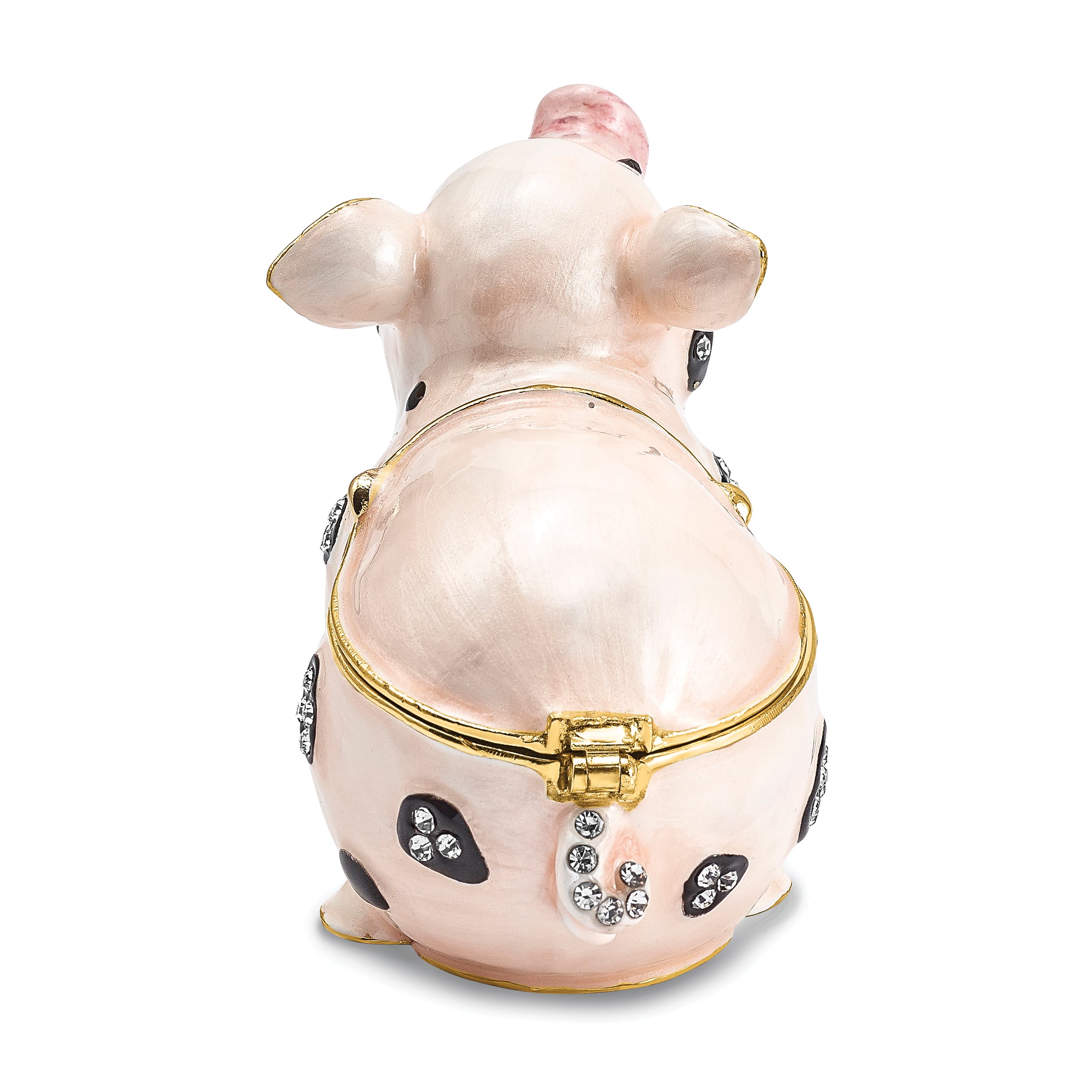 Luxury Giftware by Jere Pewter Bejeweled Crystals Gold-tone Enameled PETUNIA Spotted Pig Trinket Box with Matching 18 Inch Necklace