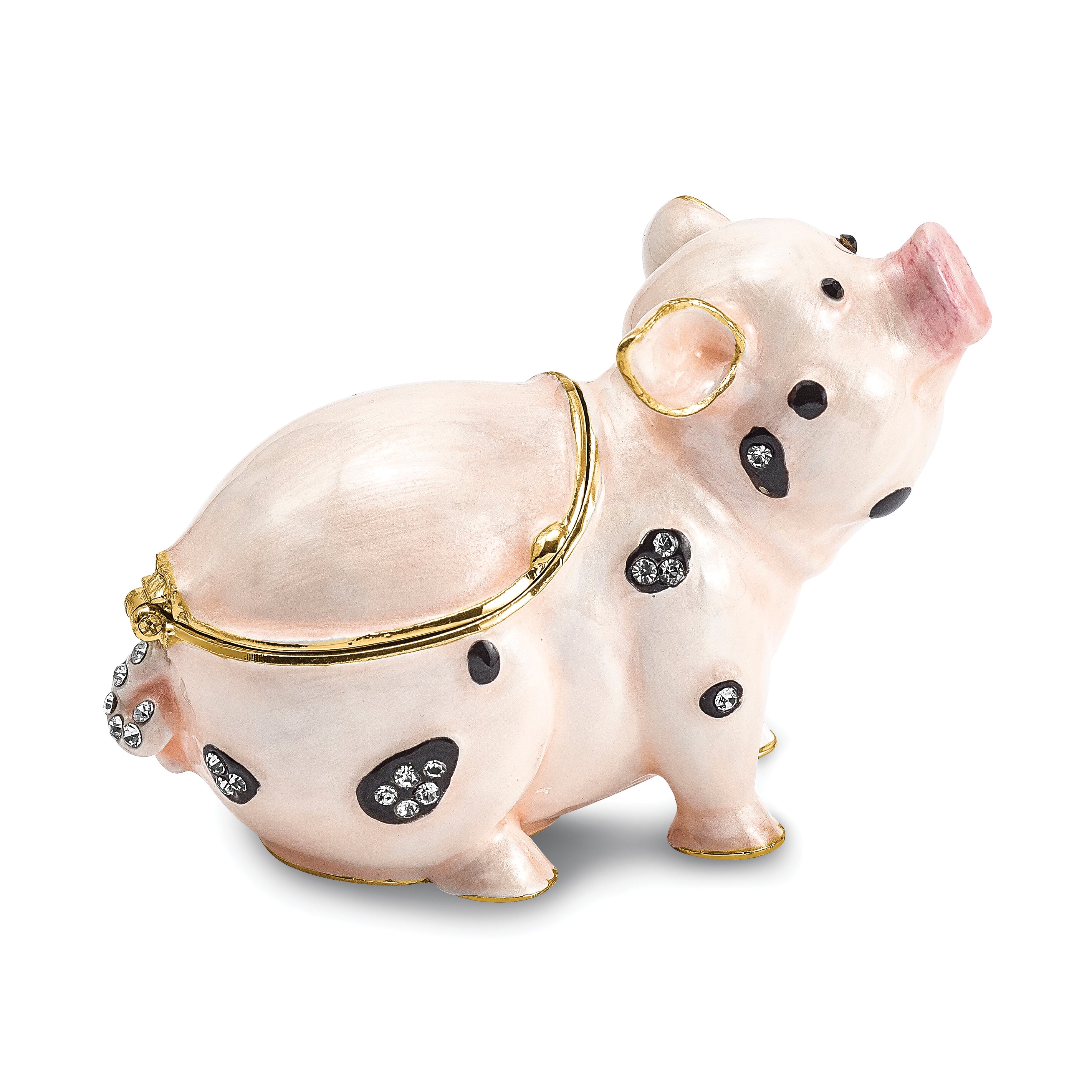 Luxury Giftware by Jere Pewter Bejeweled Crystals Gold-tone Enameled PETUNIA Spotted Pig Trinket Box with Matching 18 Inch Necklace