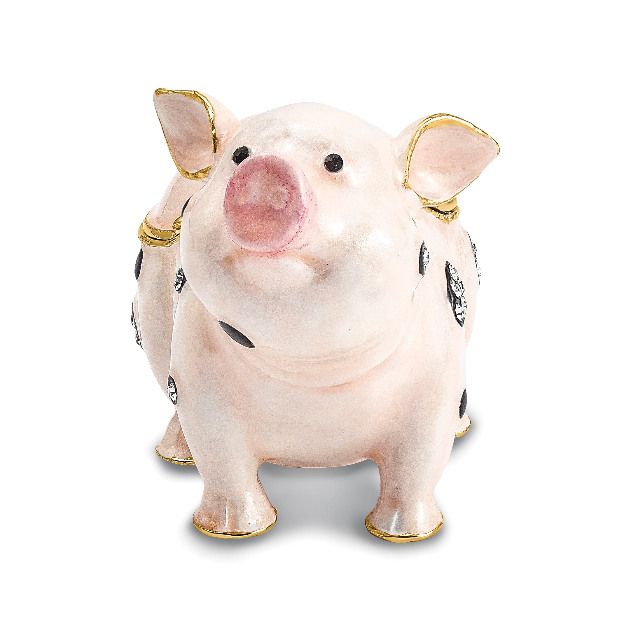 Luxury Giftware by Jere Pewter Bejeweled Crystals Gold-tone Enameled PETUNIA Spotted Pig Trinket Box with Matching 18 Inch Necklace