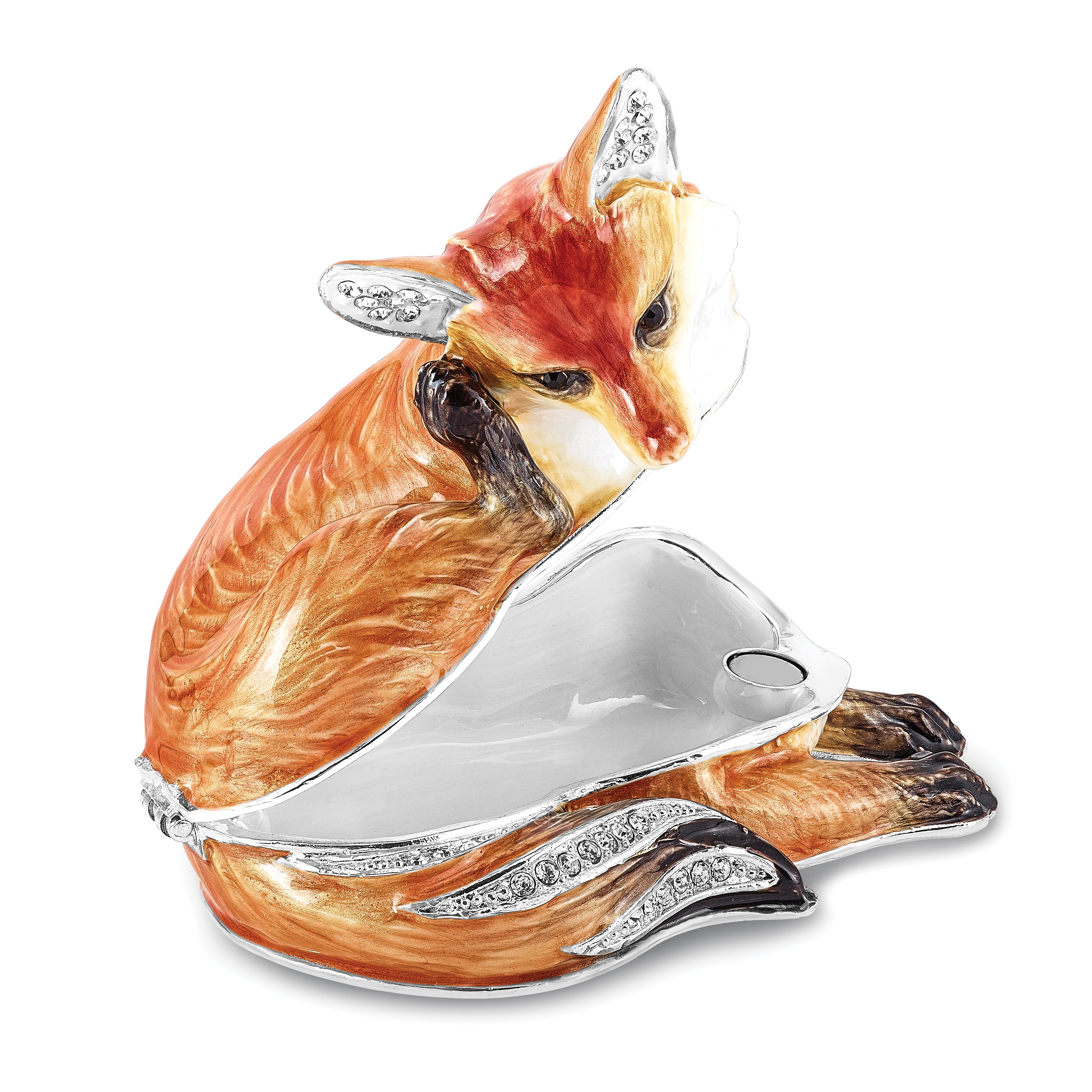 Luxury Giftware Pewter Bejeweled Crystals Silver-tone Enameled EINSTEIN Red Fox Trinket Box with Matching 18 Inch Necklace