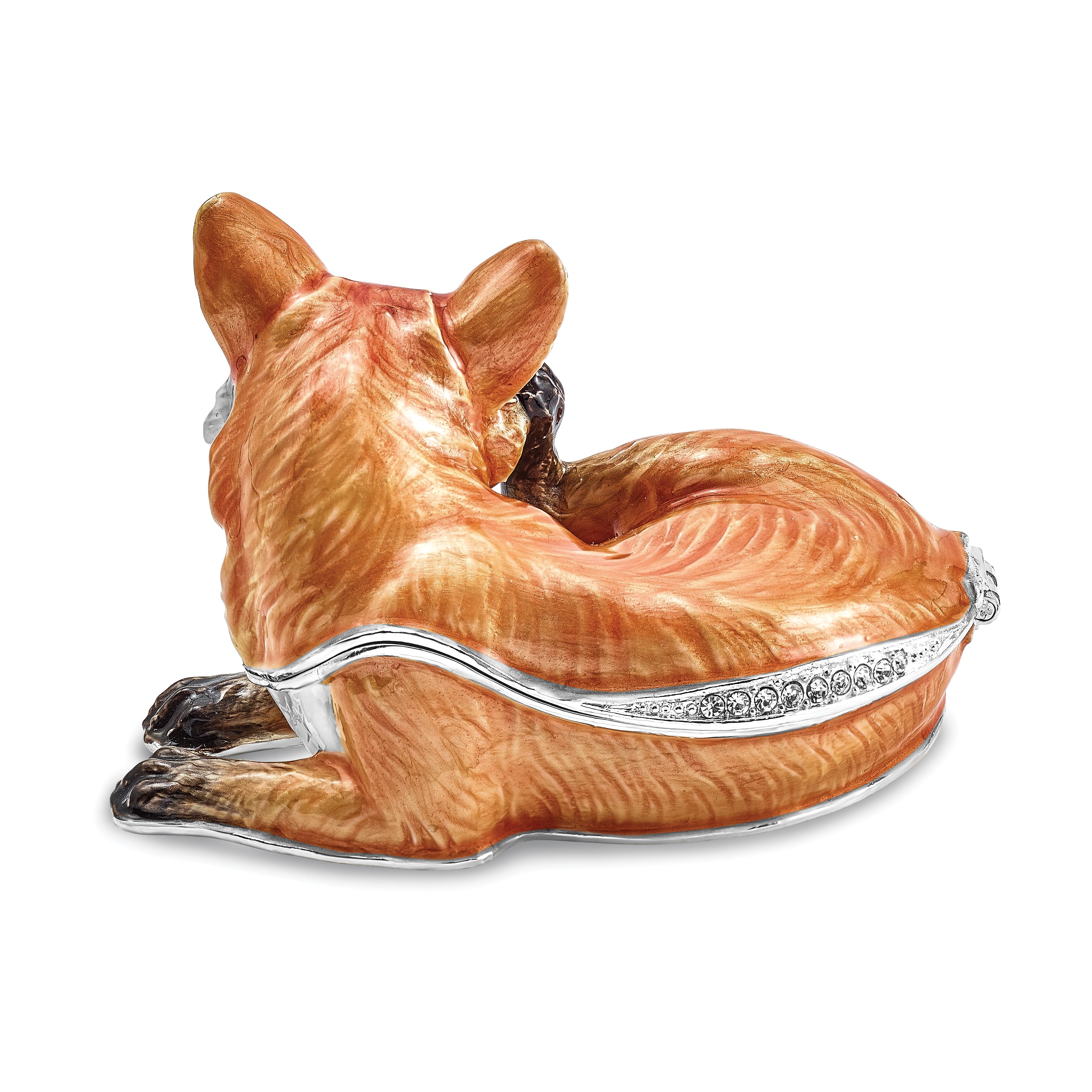 Luxury Giftware Pewter Bejeweled Crystals Silver-tone Enameled EINSTEIN Red Fox Trinket Box with Matching 18 Inch Necklace